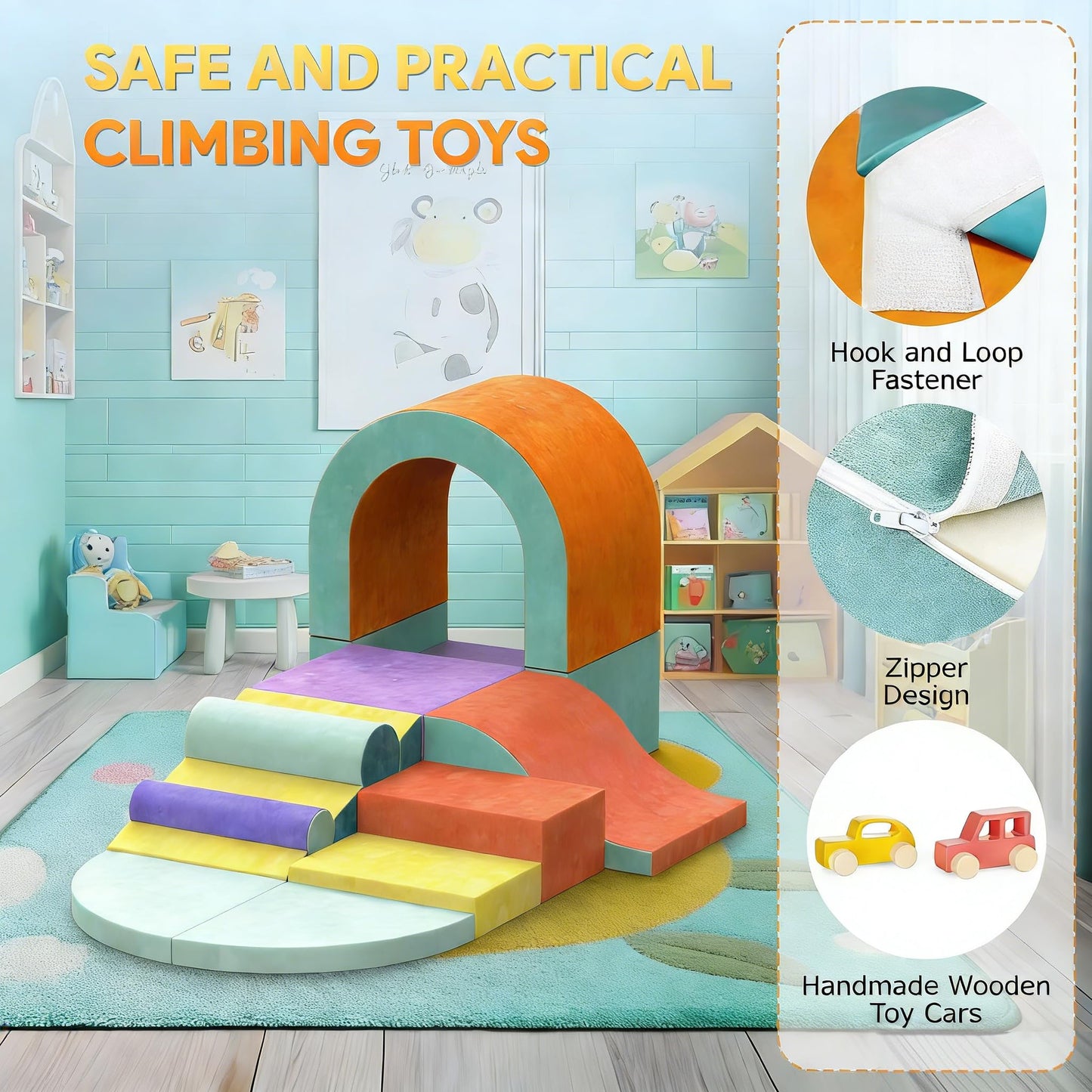 Yaofala Foam Climbing Blocks for Toddlers, 12 PCS Colourful Toddler Climbing Toys Indoor, Soft Play Set with Toy Car, Flexible Crawling and Sliding Climbing Blocks