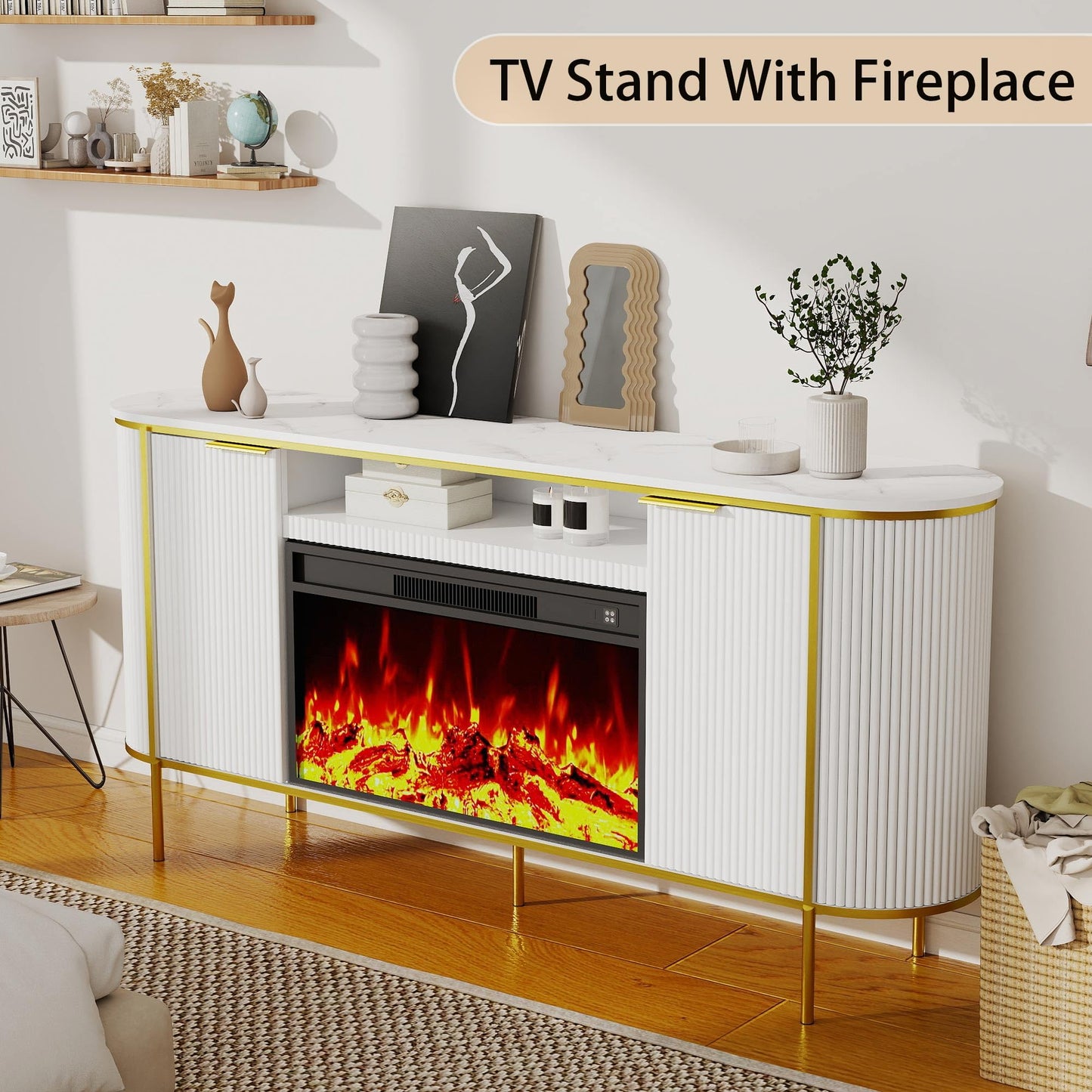 Fluted Fireplace TV Stand: 70" White Entertainment Center with 30" Electric Fireplace, TV Console for 80 inch TVs, Luxury Media Console with Faux Marble Top for Living Room (White)