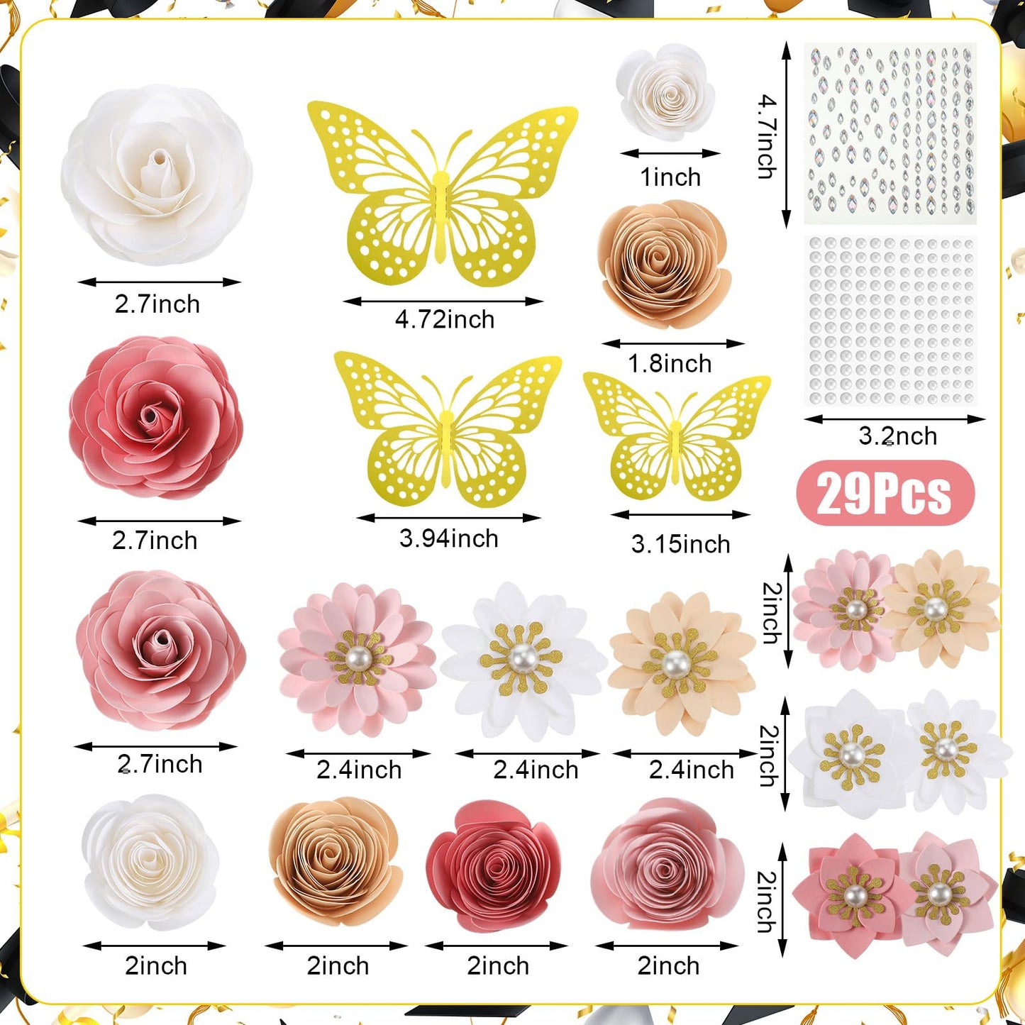 Thiccywoov 43 Pcs Graduation Cap Decorations Kit Includes Artificial Flowers Faux Flower Heads 3D Butterfly Stickers Pearl Rhinestones Glitter Stickers for Grad Cap Topper DIY Graduation Gift(Pink)