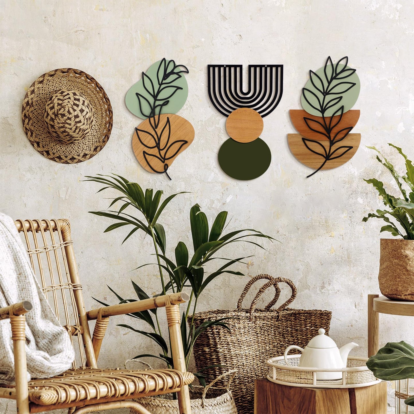 Wenqik Set of 3 Boho Wall Art Decor 3D Wood & Metal Abstract Geometric Wall Hangings Sculpture 15 x 6in Sage Green Beige Terracotta Minimalist Botanical Artwork for Home Decor Gallery Room