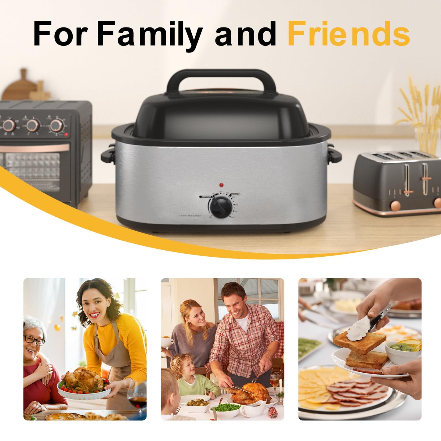 Roaster Oven 22Qt, Turkey Electric Roaster Oven Buffet with Self-Basting Lid, Removable Pan, Cool-Touch Handles, Stainless Steel, Silver