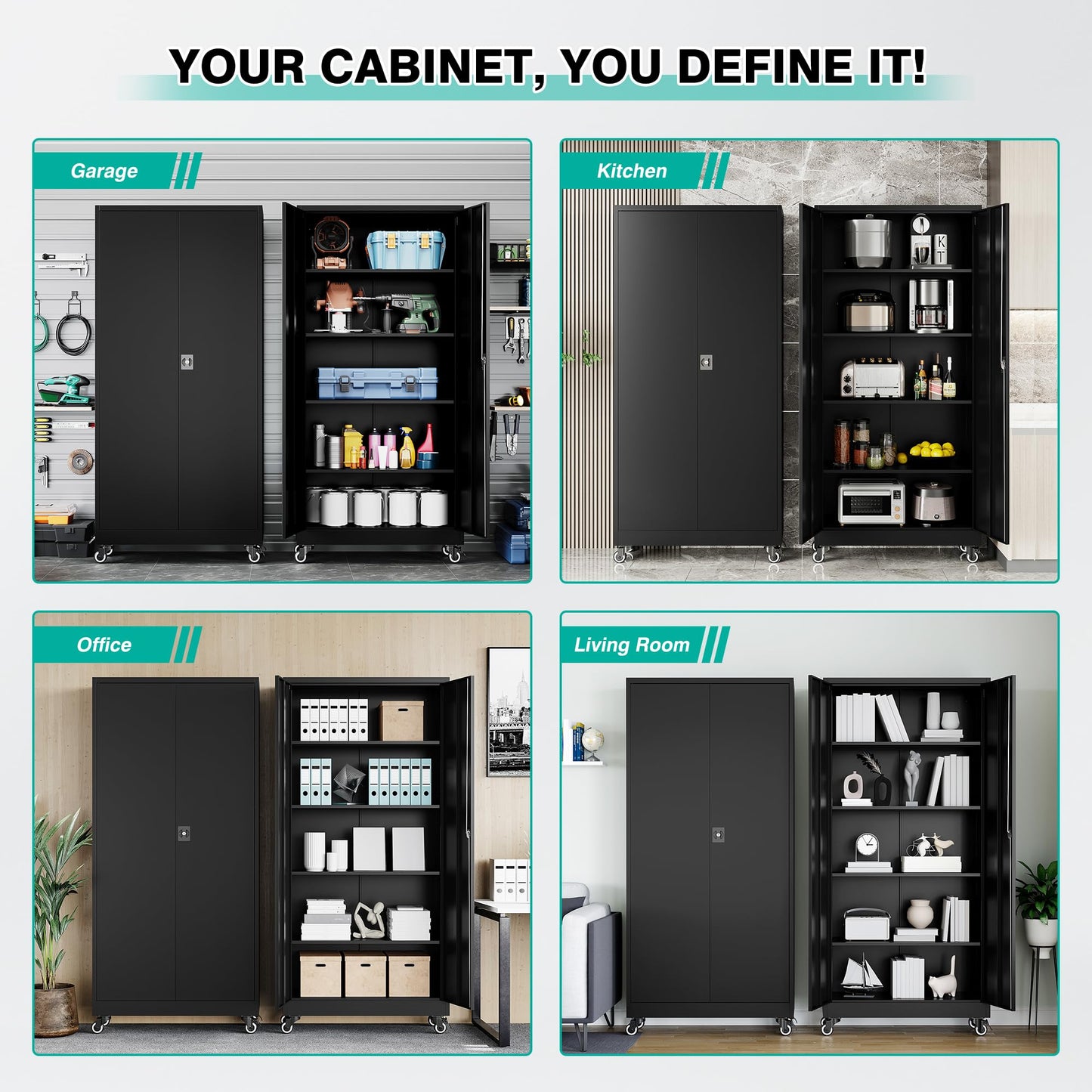SISESOL Metal Storage Cabinet with Wheels,75 inch Tall Rolling Garage Storage Cabinet with Lock,Black Metal Cabinets with Wheels and Shelves,Deep Heavy Duty Tool Locker for Garage,Home,Office,Shop