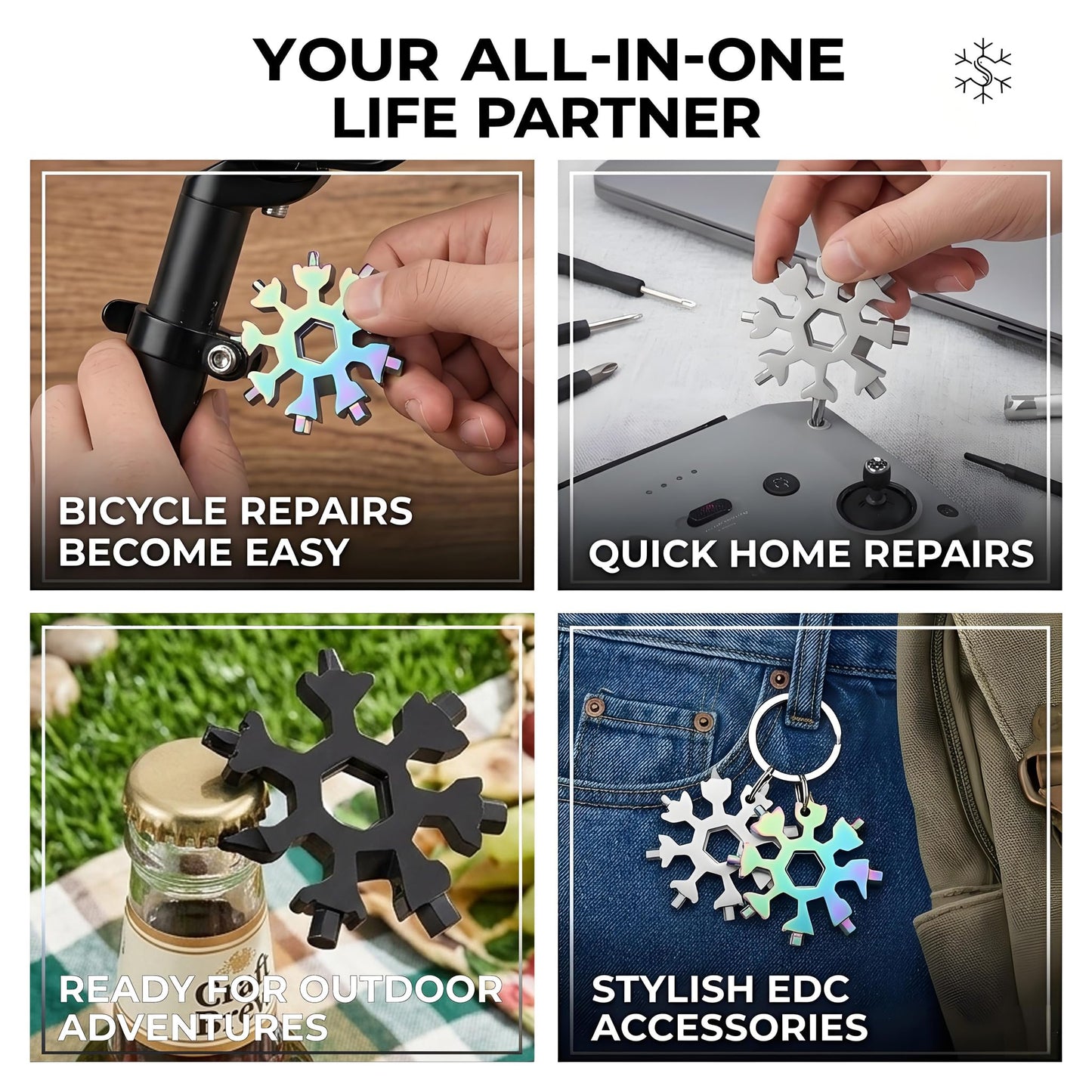 3Packs Snowflake Multi Tool, 18-in-1 Stainless Steel Snowflake Multitool for Bottle Opener and Flat Phillips Screwdriver Kit/Wrench,for Men Adults Da (3 PCS-B)