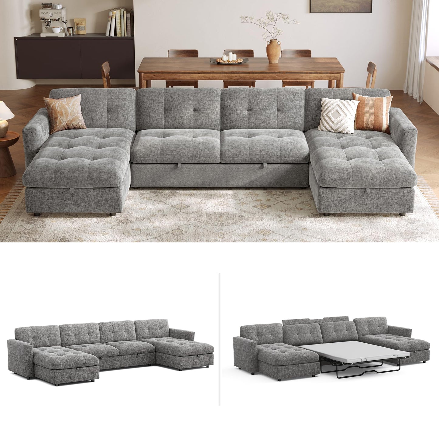 LINSY Oversized Sectional Sleeper Sofa 152" Pull Out Bed and Storage Chaise, Convertible Sofa Bed with Memory Foam Topper, Comfy U Shaped Modular Couches for Living Room Apartment Dorm Room, Grey
