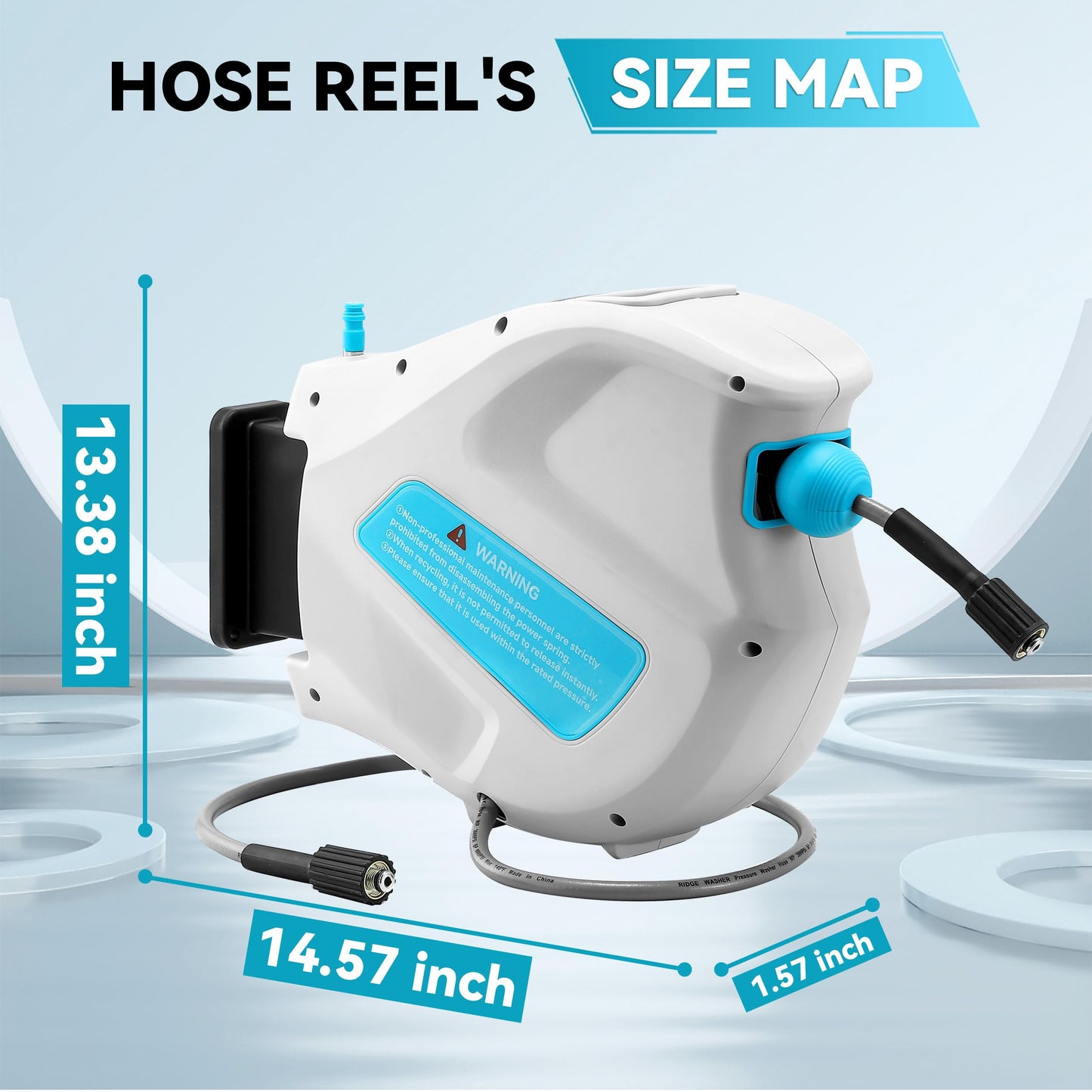 RIDGE WASHER Pressure Washer Hose Reel, 65FT X 1/4'' Power Washer Hose Reel, Auto Rewind Wall Mounted Retractable Hoses Reel, 3600 PSI