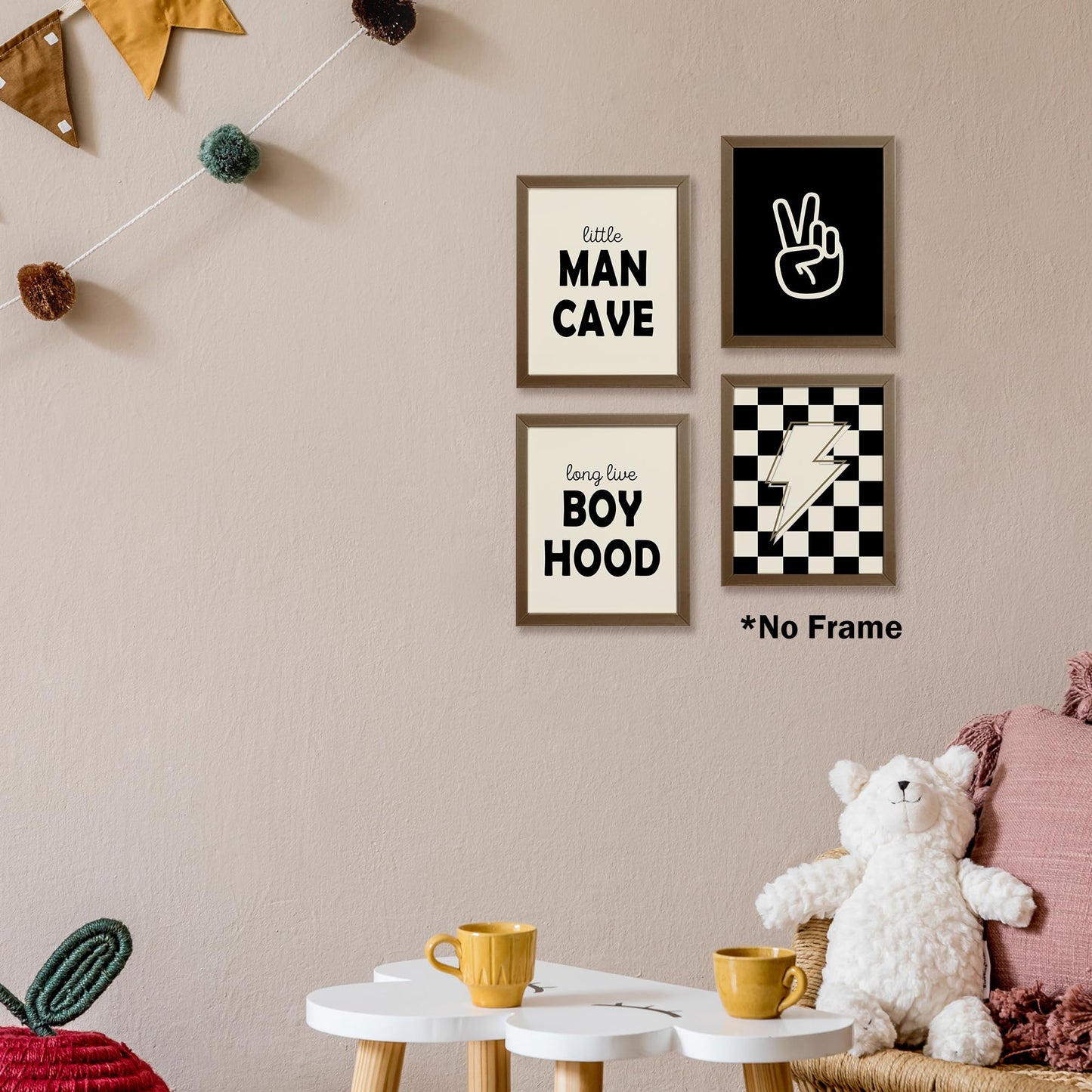 Little Man Cave Retro Preppy Checkered Lightning Peace Sign Long Live Boyhood Poster Prints for Boy Teen Room Dorm Decor, Preppy Yellowish-Black Decorations Prints Wall Art Unframed 4pcs 8x10inches
