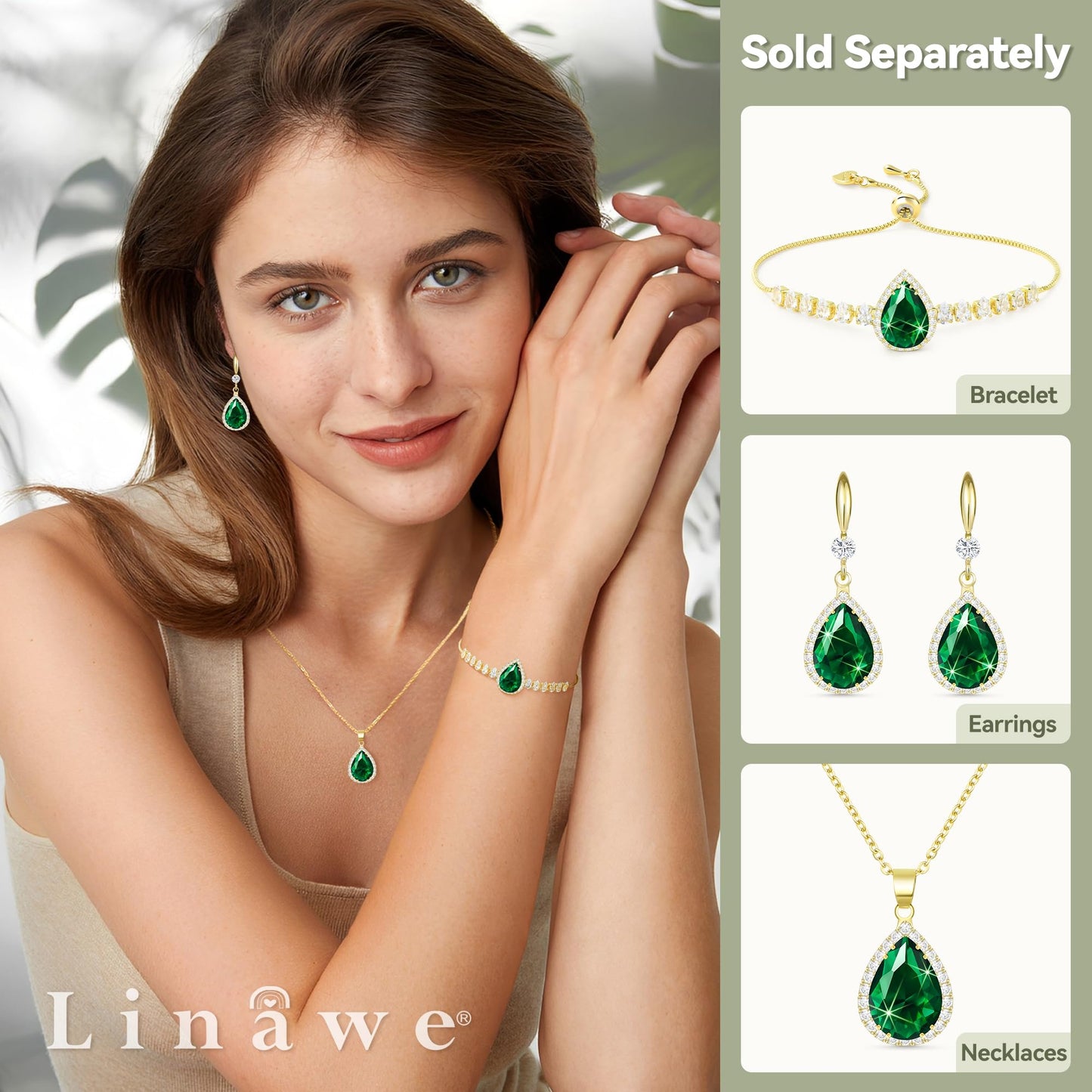 Linawe Emerald Crystal Chain Necklace for Women Trendy, Green Imitation Diamond Pendant, Cubic Zirconia Birthstone Rhinestone Teardrop, Preppy Dainty Boho Jewelry