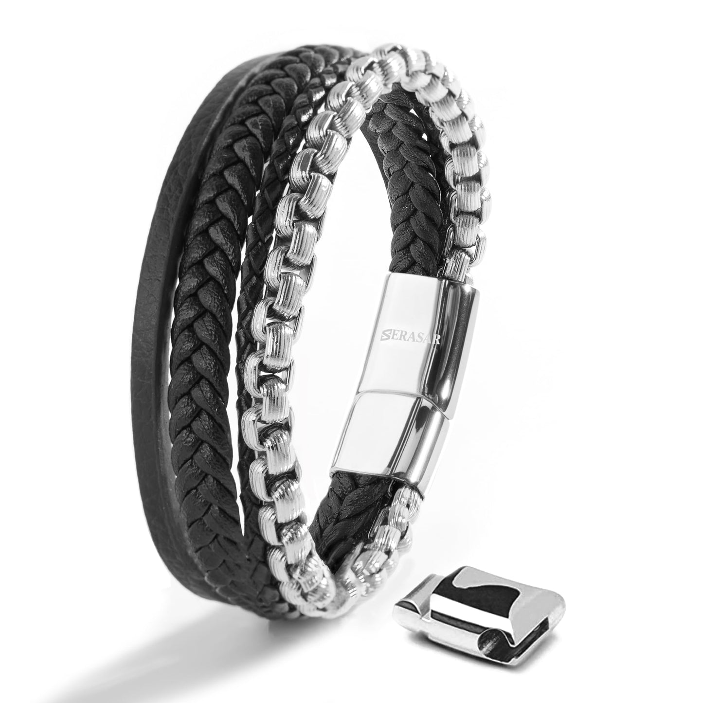 SERASAR Mens Silver Bracelets 23cm Bracelet Men Gift Box Genuine Leather Cowhide Braided Magnetic Clasp Multi Layer Wrap Rope Man Mans Male Band Jewelry Magnet Accessories