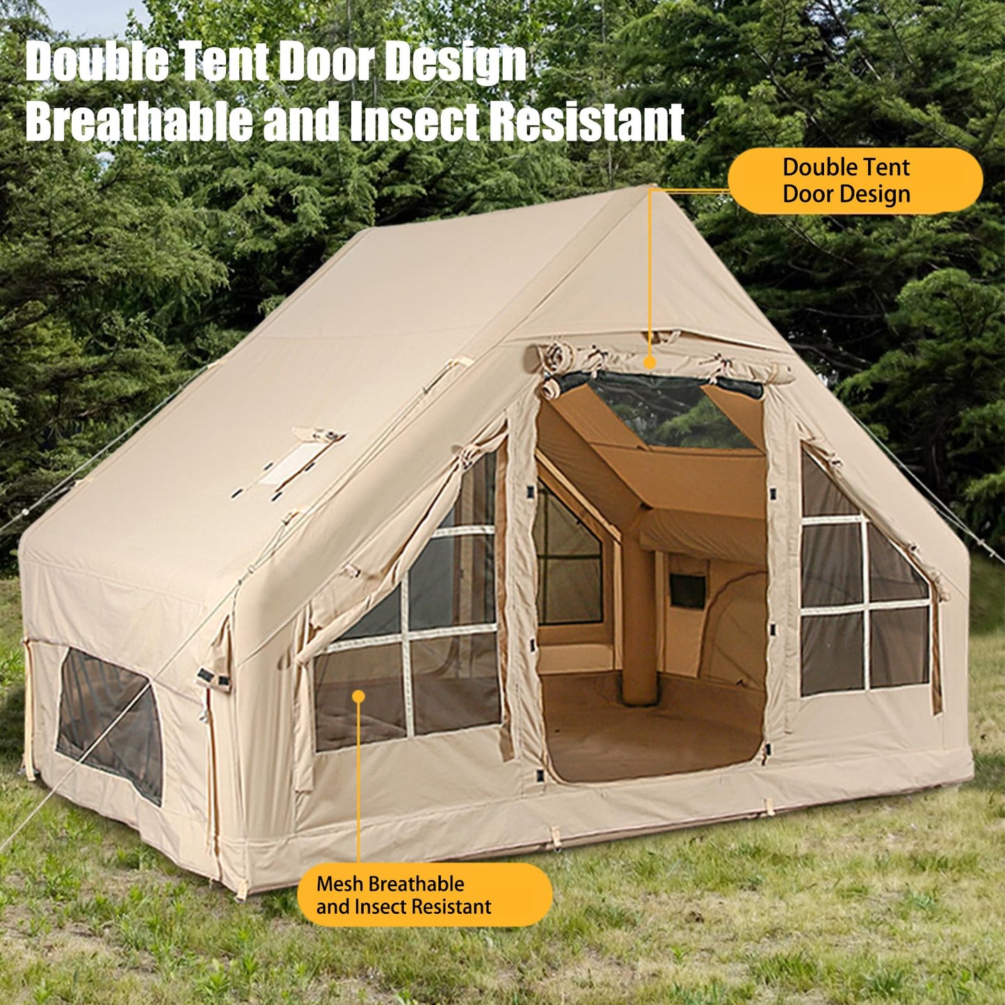 Inflatable Camping Tents with Hand Pump, Air Glamping Tents, Easy Setup Waterproof and Windproof Blow up Tent, 4 Seasons Oxford Cabin Tent with Mesh & Chimney Window. (10 * 6.9ft)