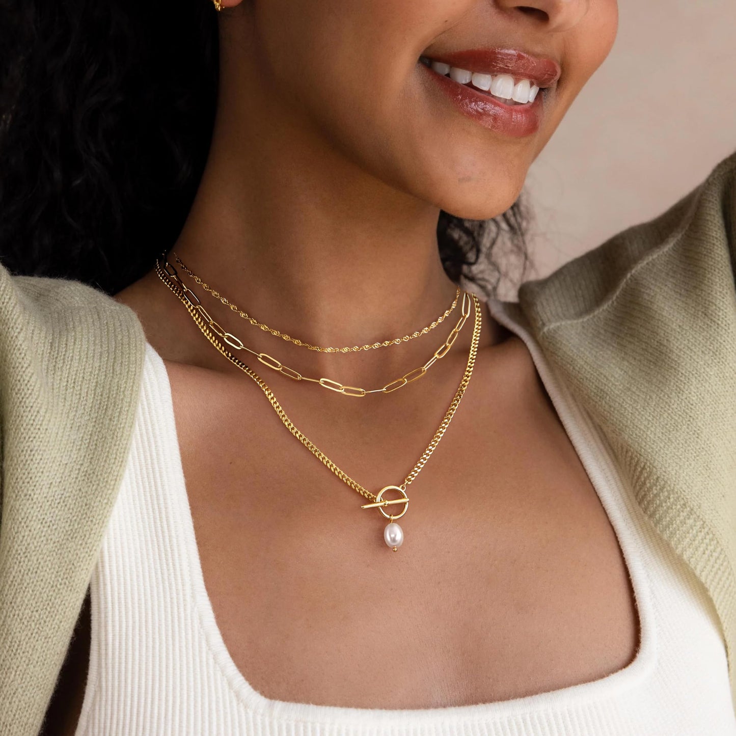 Layered Gold Pearl Pendant Toggle Necklaces for Women Dainty 14K Gold Plated Stack Trendy Choker Paperclip Necklace Simple Toggle Pearl Chain Twist Rope Chain Jewelry Set Gifts for Women