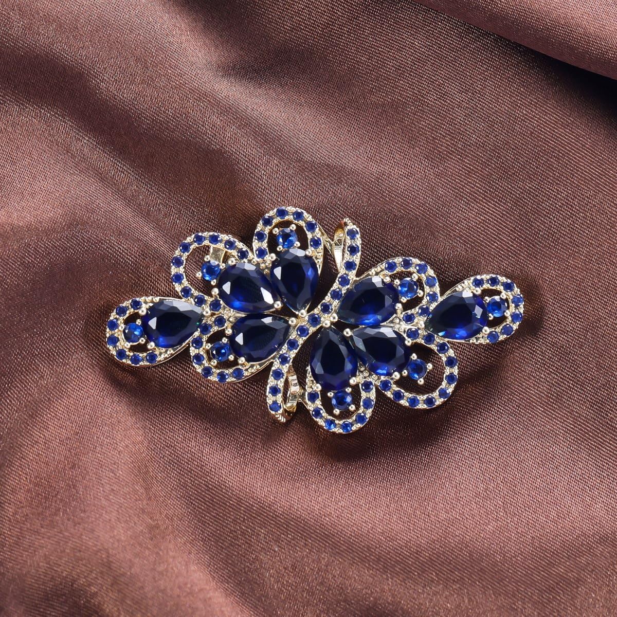 YOQUCOL Vintage Dark Blue Zircon Crystal Rhinestone Bowknot Shape Brooch Pin For Women Golden Tone