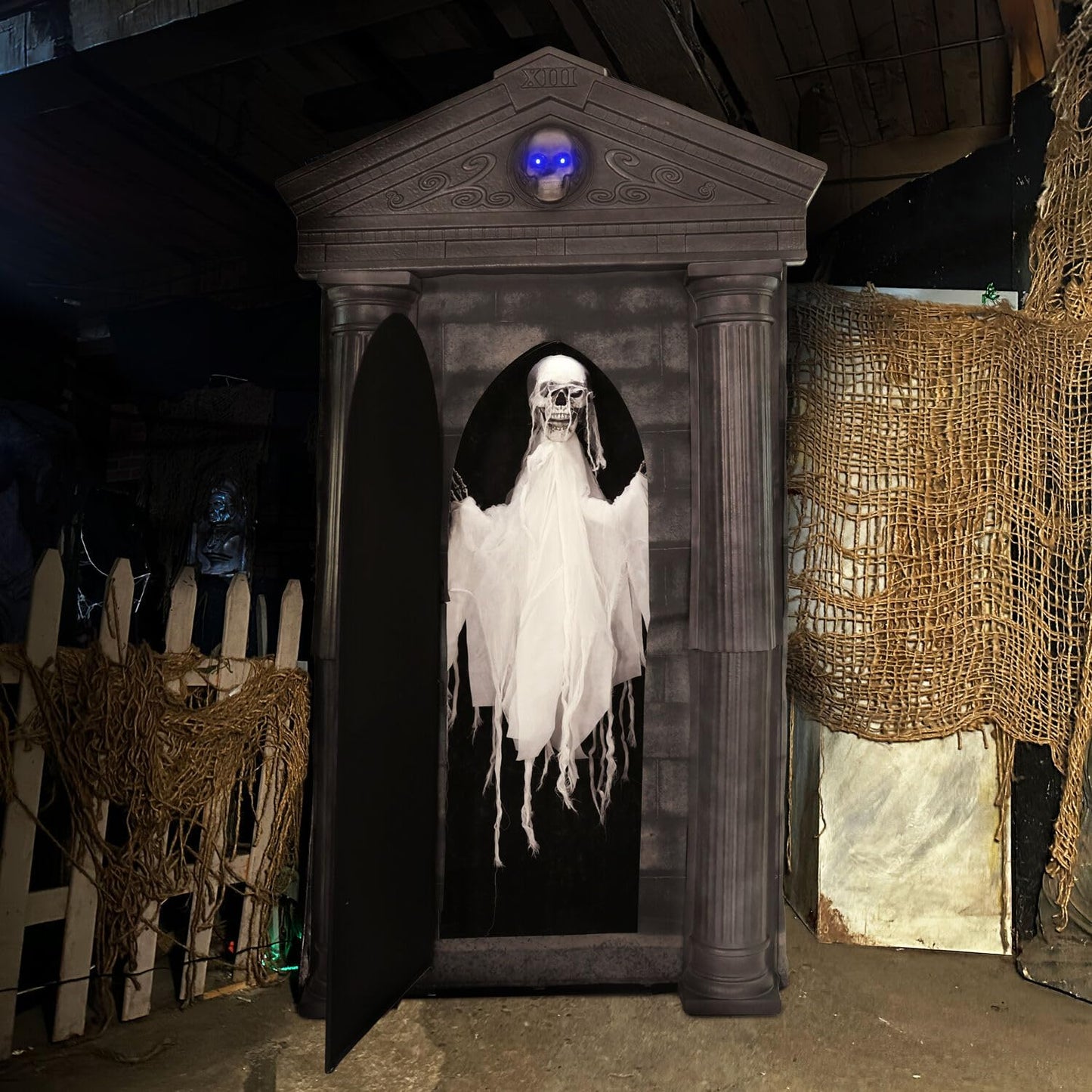 Haunted Hill Farm 6.7-Ft Animatronic Mausoleum by Tekky, Halloween Animatronic, Spooky House Wall Decoration, Creepy Indoor & Covered Outdoor Party Decor Motion-Activated Lights & Sound, LifeSize