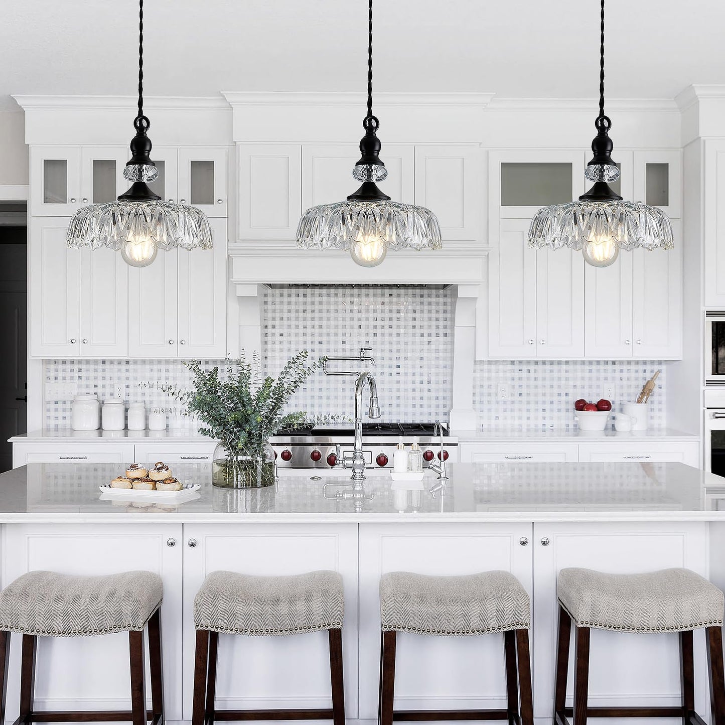 CVKASH Vintage Glass Pendant Light Fixture Black Modern Adjustable Chandelier Hanging Light for Farmhouse Dining Room Kitchen Bedroom Hallway Island