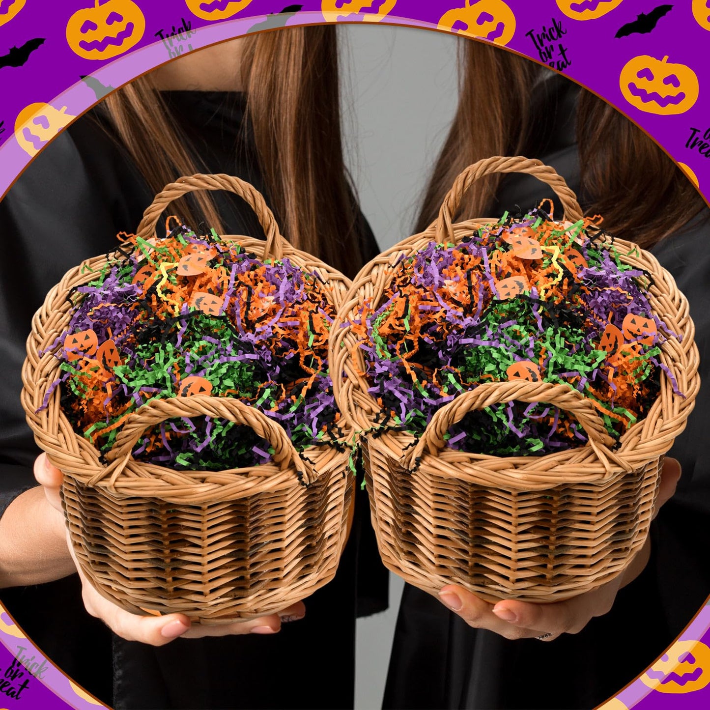 Kosiz 1 lb Halloween Crinkle Cut Paper Shred Black Orange Purple Raffia Paper Shred Filler with Pumpkin Confetti for Gift Wrapping Craft DIY Basket Box Trick or Treat Halloween Party Supply