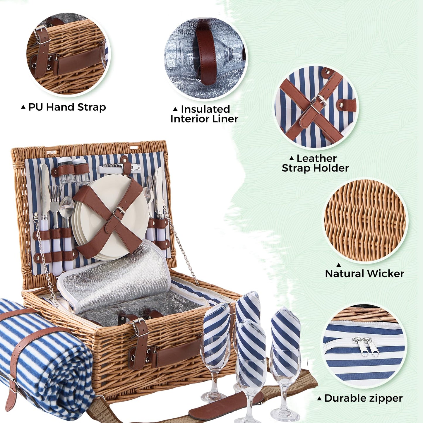 TOSTOOIRX Willow Picnic Basket Set for 4 with Large Insulated Bag and Waterproof Picnic Blanket, Wicker Picnic Hamper for Camping, Outdoor, Birthday, Valentine, Navy