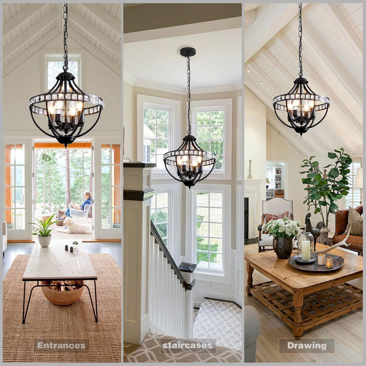 Lanpesting Crystal Chandelier Light Fixtures, 4-Lights Farmhouse Rustic Vintage Black Pendant Hanging Lighting Ceiling Chandeliers for Kitchen Island Dining Room Living Room Bedroom Foyer Hallway