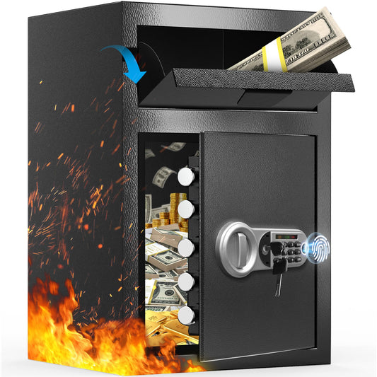 TOTOY 5.0 Cu Ft Fireproof Biometric Deposit Drop Safe- Steel Drop Slot Lock Box, Fingerprint & Digital Keypad Key Lock, External Type-C Backup, Business Safety Box for Cash Money Security