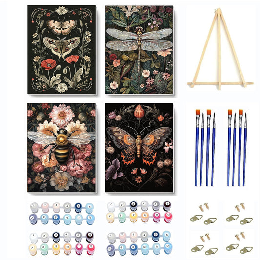 4 Pack Insect Paint by Numbers Kit for Adults Beginner with Frame,Dragonfly Moth Bee Butterfly Paint by Number with Wooden Easel DIY Landscape Adult Paint by Number Kits for Home Decor 9x12inch