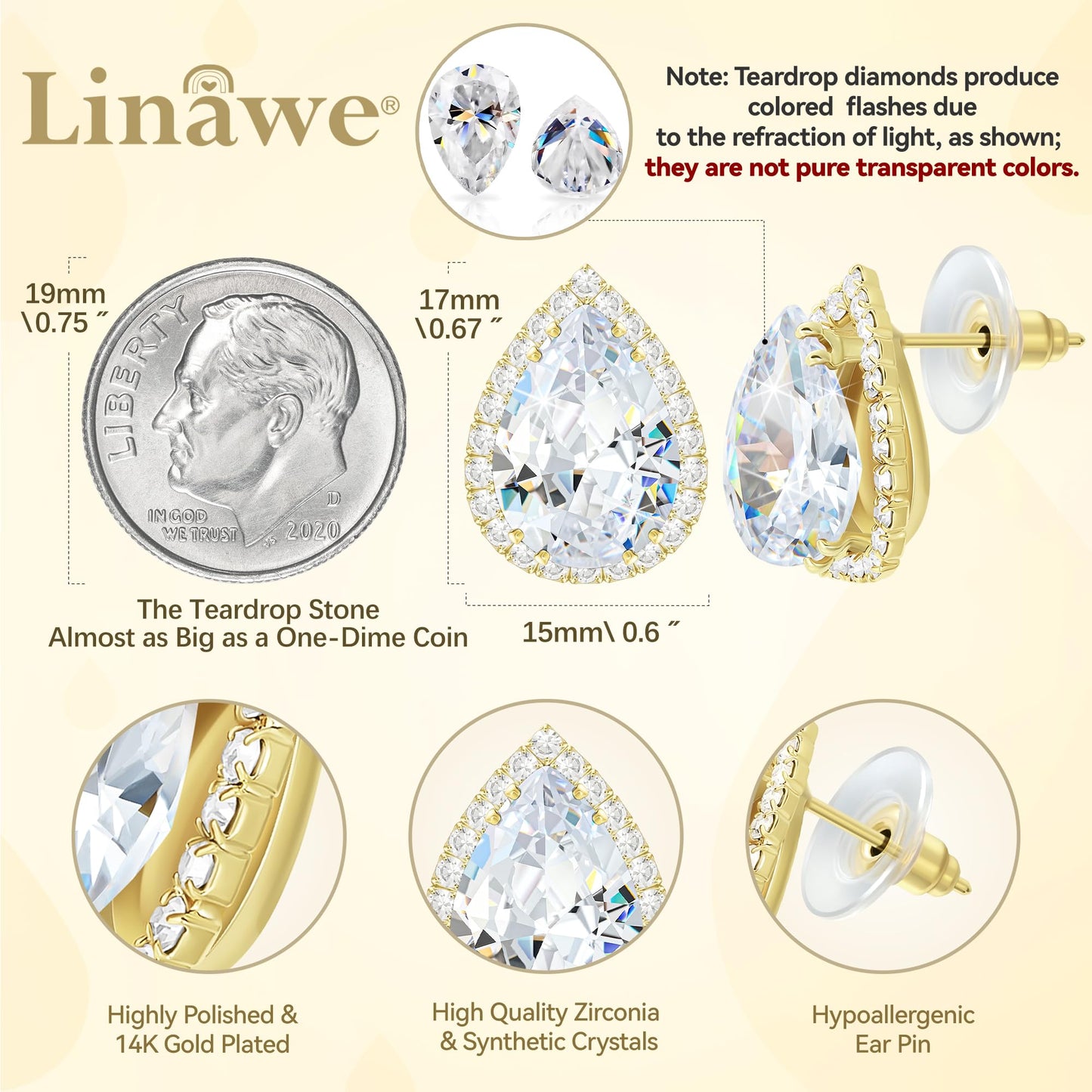 Linawe Gold Stud Earrings Imitation Diamond Moissanite Wedding Earrings Set, Cubic Zirconia Earrings Studs for Women, Teardrop Rhinestone Crystal Cartilage Earring Piercing Jewelry