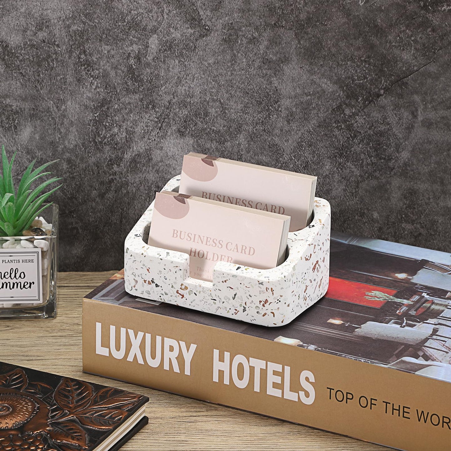 Hipiwe Business Card Holder Stand for Desk, 2 Slots Terrazzo Business Name Card Display Stand for Women Men Desktop Concrete Business Card Organizer for Office, Fits for 100 Business Cards