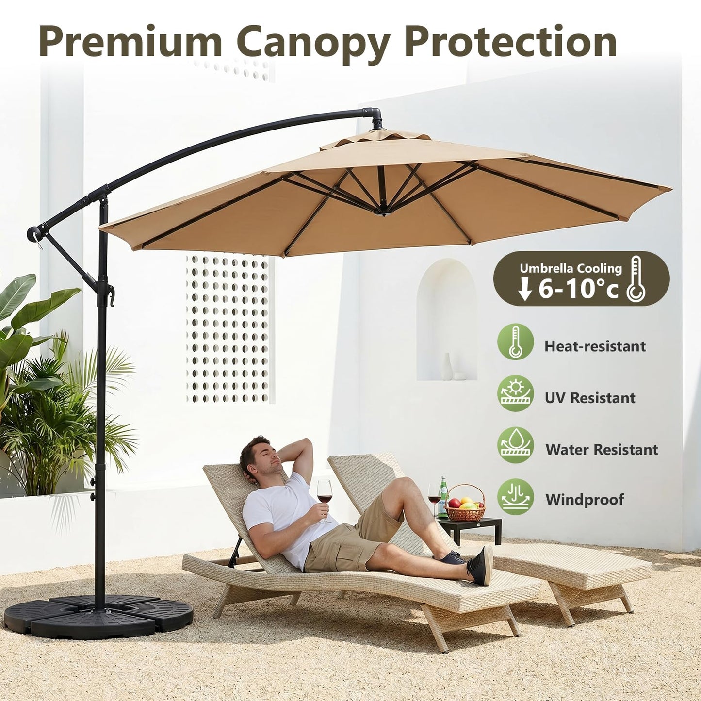 MAKE CHANGES 10FT Patio Umbrella, Cantilever Outdoor Umbrella with 360° Rotation & Tilt Adjustment, Offset Patio Umbrella with UV-Resistant Waterproof Canopy for Backyard, Pool, Garden, Khaki