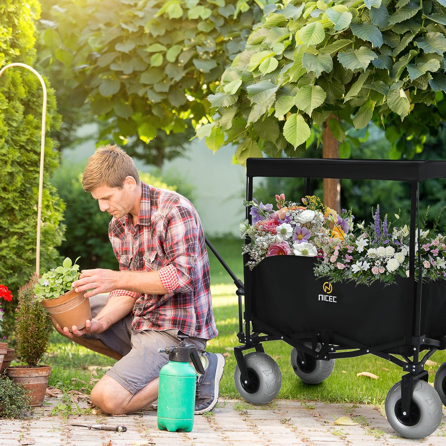 Nice C Beach Wagon with Canopy, Beach Cart with Ballon Wheels for Sand, 9'' Big Sand Wheels, 220 lb Capacity, Adjustable Handle, for Camping, Groceries