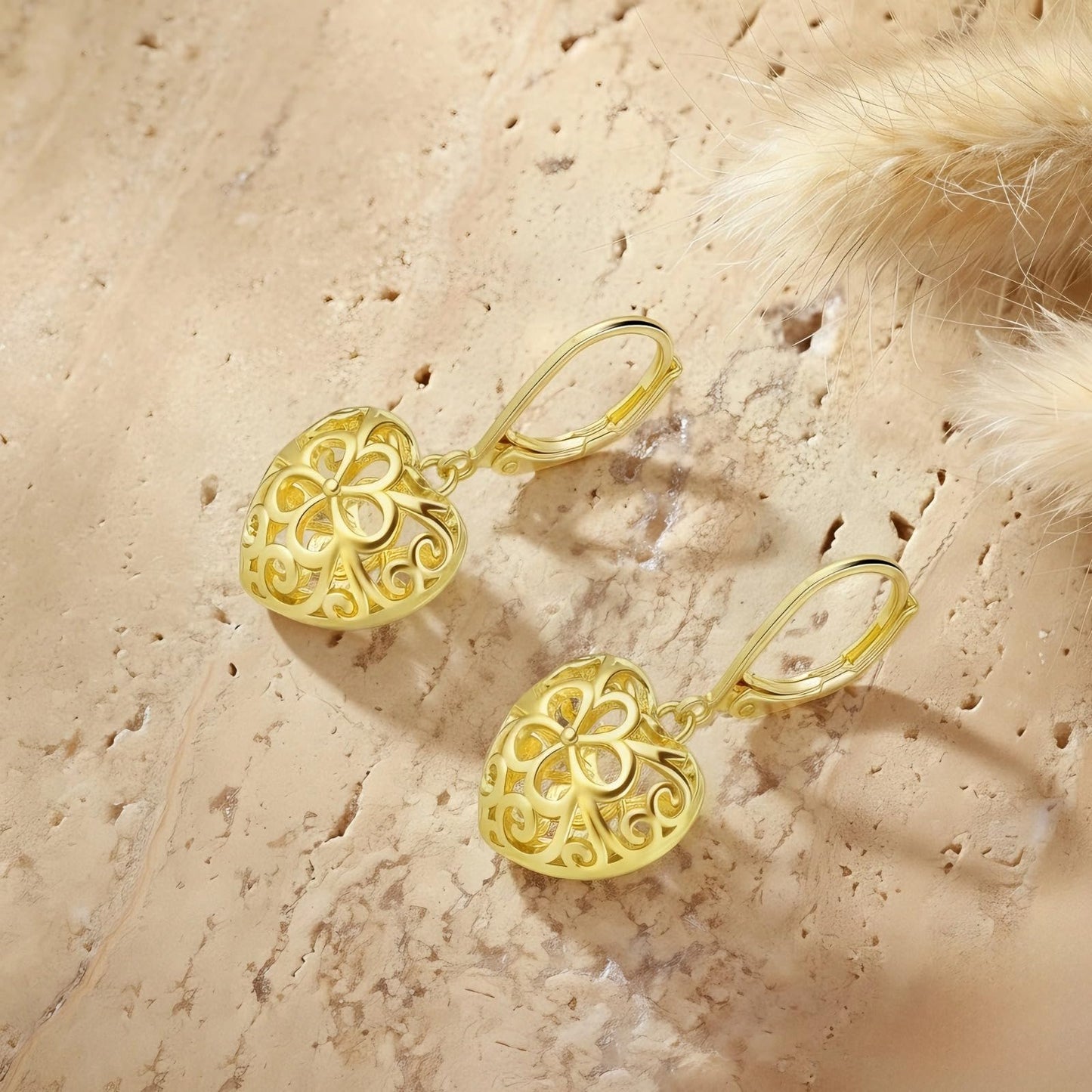 14K Gold Dangle Heart Earrings for Women Hypoallergenic Filigree Leverback Drop Earrings Jewelry Gifts