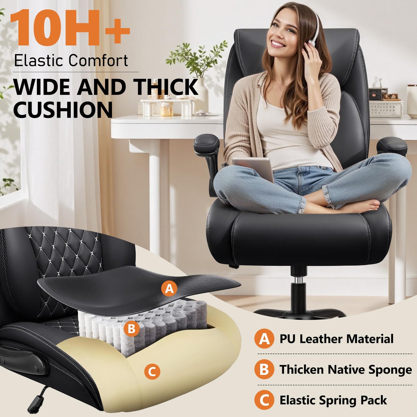BESTFAIR Office Chair,Ergonomic Office Chair with Lumbar Support for Lower Back Pain Relief, Executive Leather Chair with Padded Flip-up Arms, Wheels and Adjustable Armrests, Black