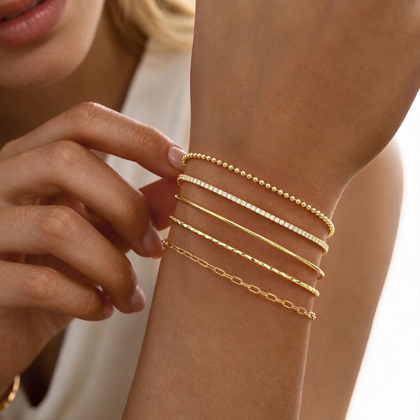 Gold Bracelets for Women 14K Gold Plated 5 Pcs Set - Dainty Stackable Waterproof Stainless Steel Jewelry - Minimalist Paperclip Beaded Tennis Bangle Bracelet Set for Women Gifts