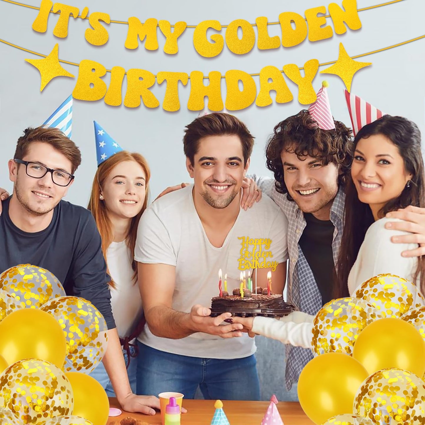 Golden Birthday Party Decorations PremiumIt’s My Golden Birthday Sash & Banner, Gold Cake Topper, Fringe Curtains, Balloons for Adult Women Men Party Supplies