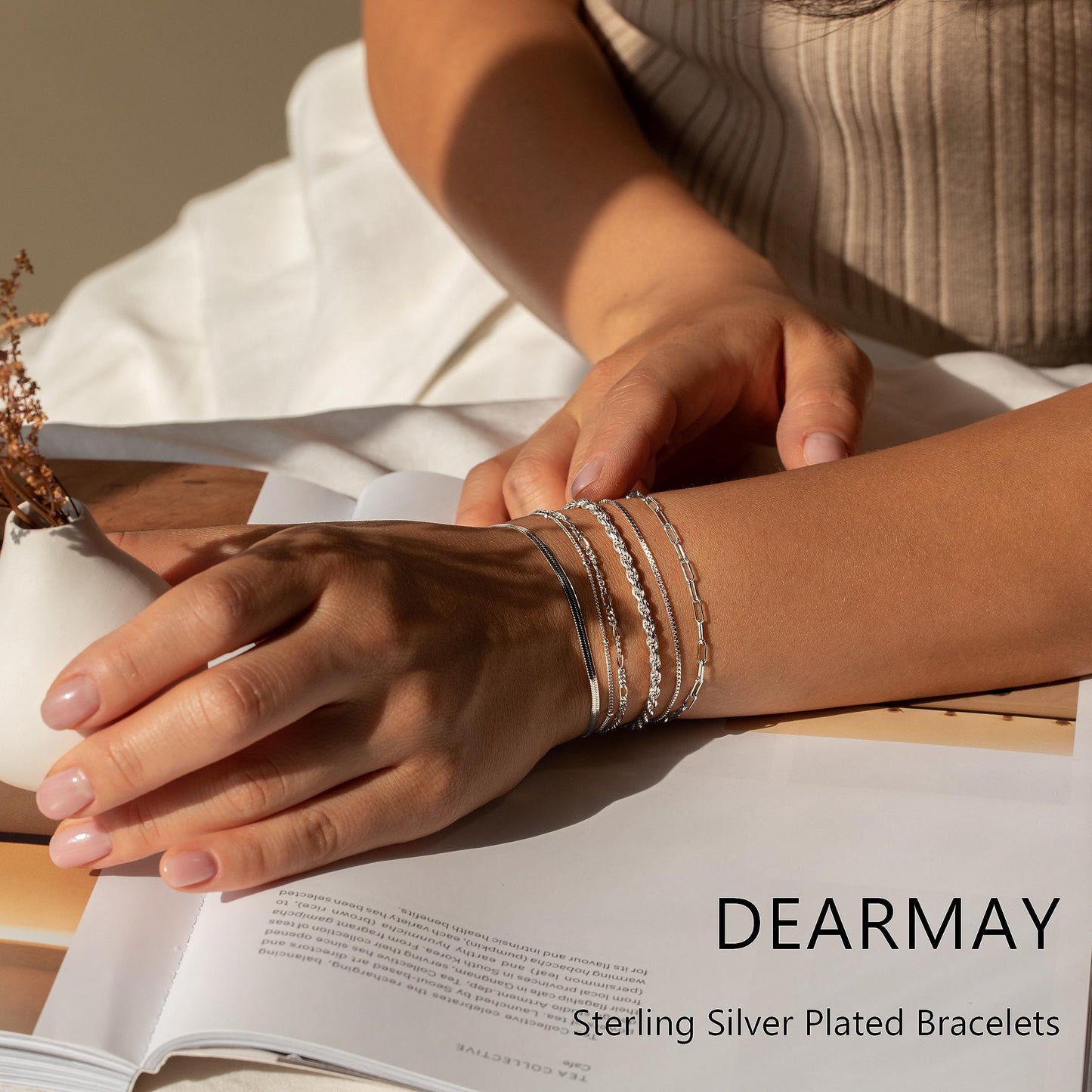 DEARMAY Dainty Silver Plated Bracelets for Women Trendy, Silver Jewelry Set Paperclip Box Herringbone Figaro Rope Chain Bracelet for Women Fashion Pack Gifts