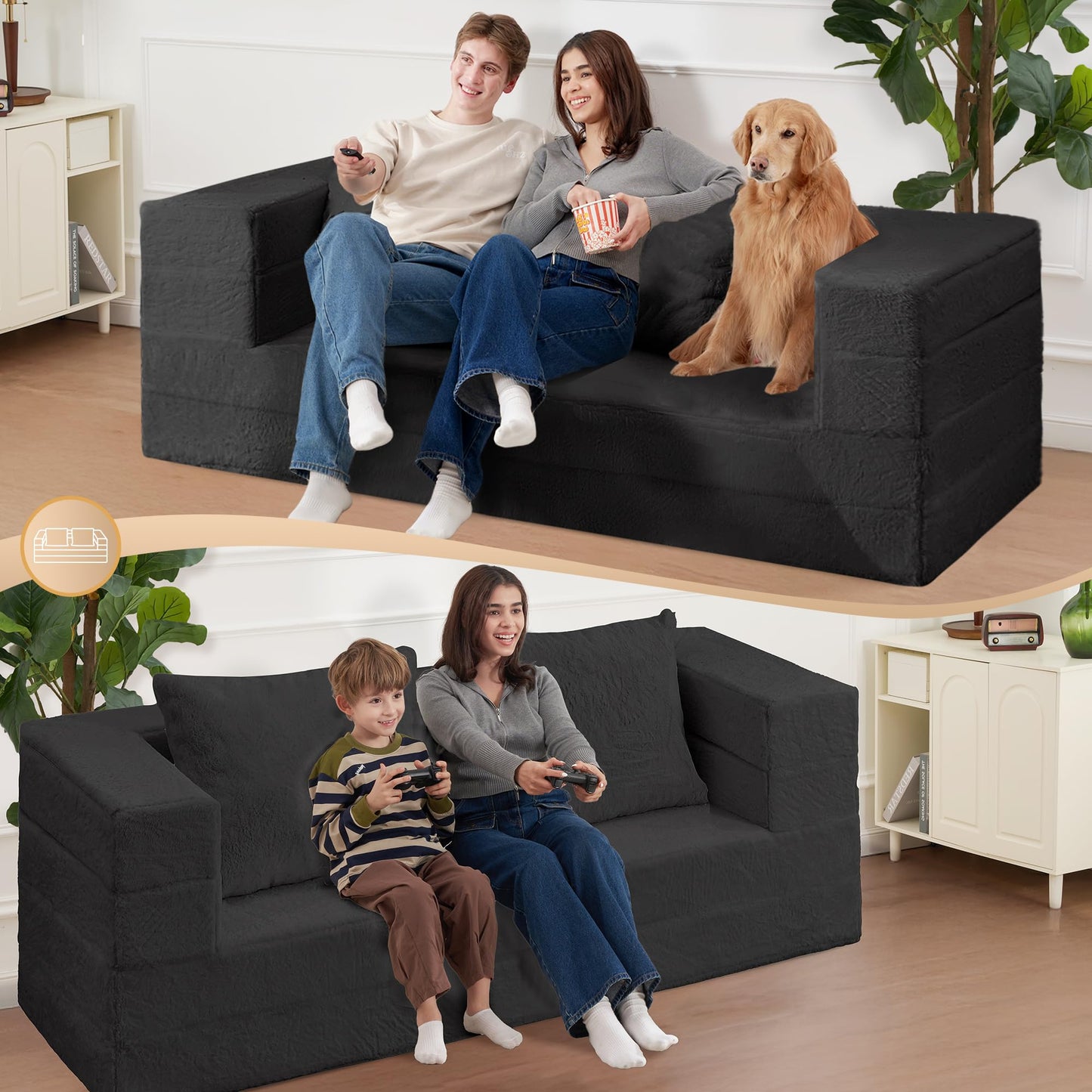 Cansunna Futon Sofa Bed with Pillow, 3-in-1 Sleeper Sofa Bed with Removable Cover, Convertible Floor Sofa Bed, No Assembly Boneless Couch for Living Room, Bedroom