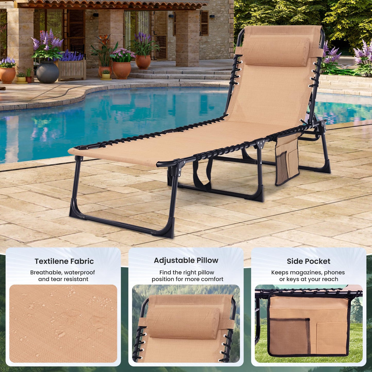 Foristrail 2 Pack Folding Chaise Lounge Chair 5-Position Adjustable Outdoor Recliner 400LB Capacity Portable Patio Camping Beach Pool Sunbathing Lounger with Pillow, Light Beige
