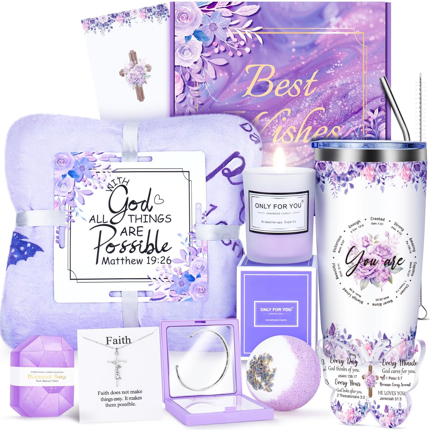 Fortuning's JDS 12PCS Christian Gifts for Women Faith, Inspirational Gifts for Women,Purple Birthday Get Well Soon Gifts, for Mom Her Wife Girlfriend Friend Siste Birthday Gifts