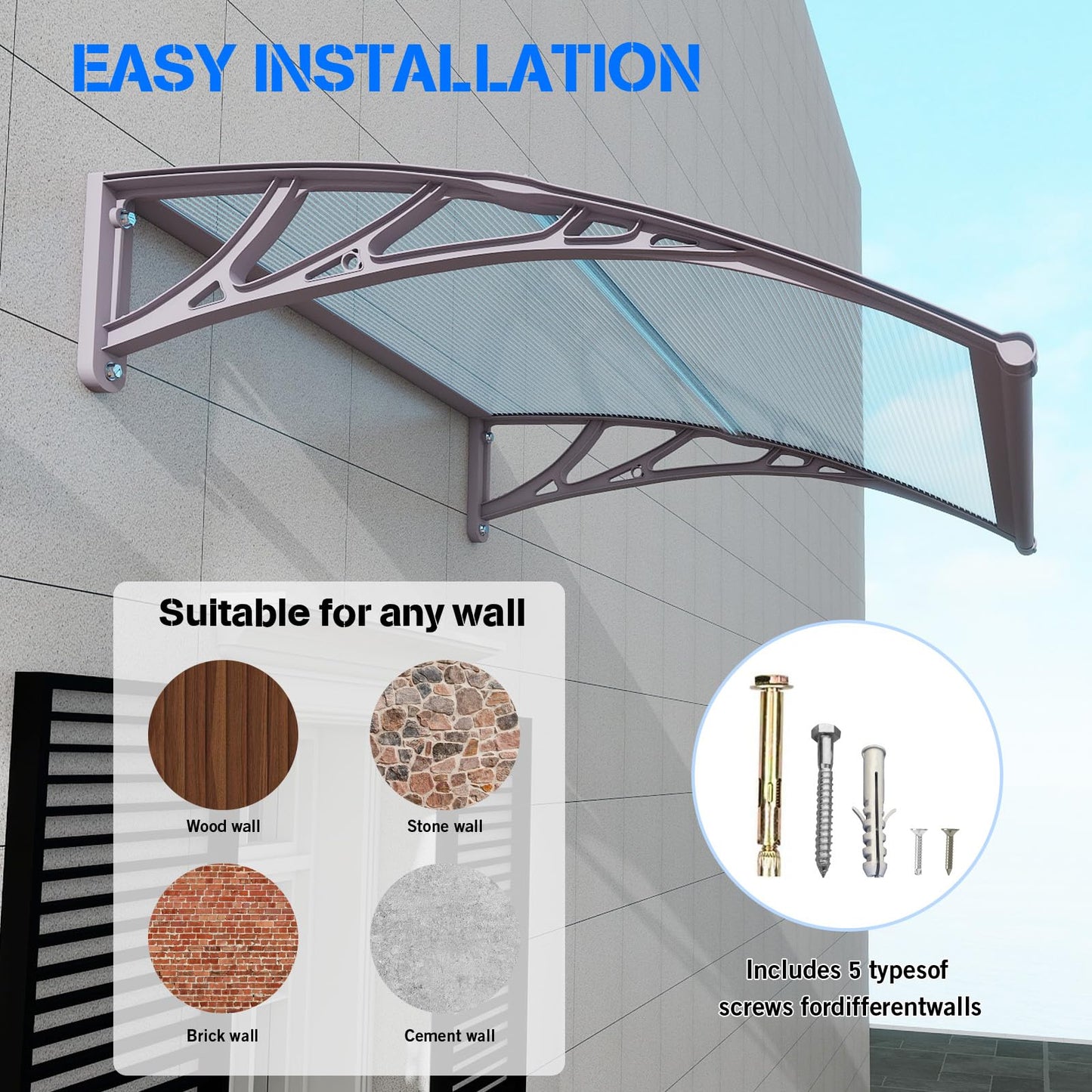 Awning for Door Entrance,32X120 Inches Awnings for Doors,Window Awning Canopy Exterior with Plastic Steel Bracket,Polycarbonate Cover,UV,Rain,Snow Protection for Porch,Patio,Deck