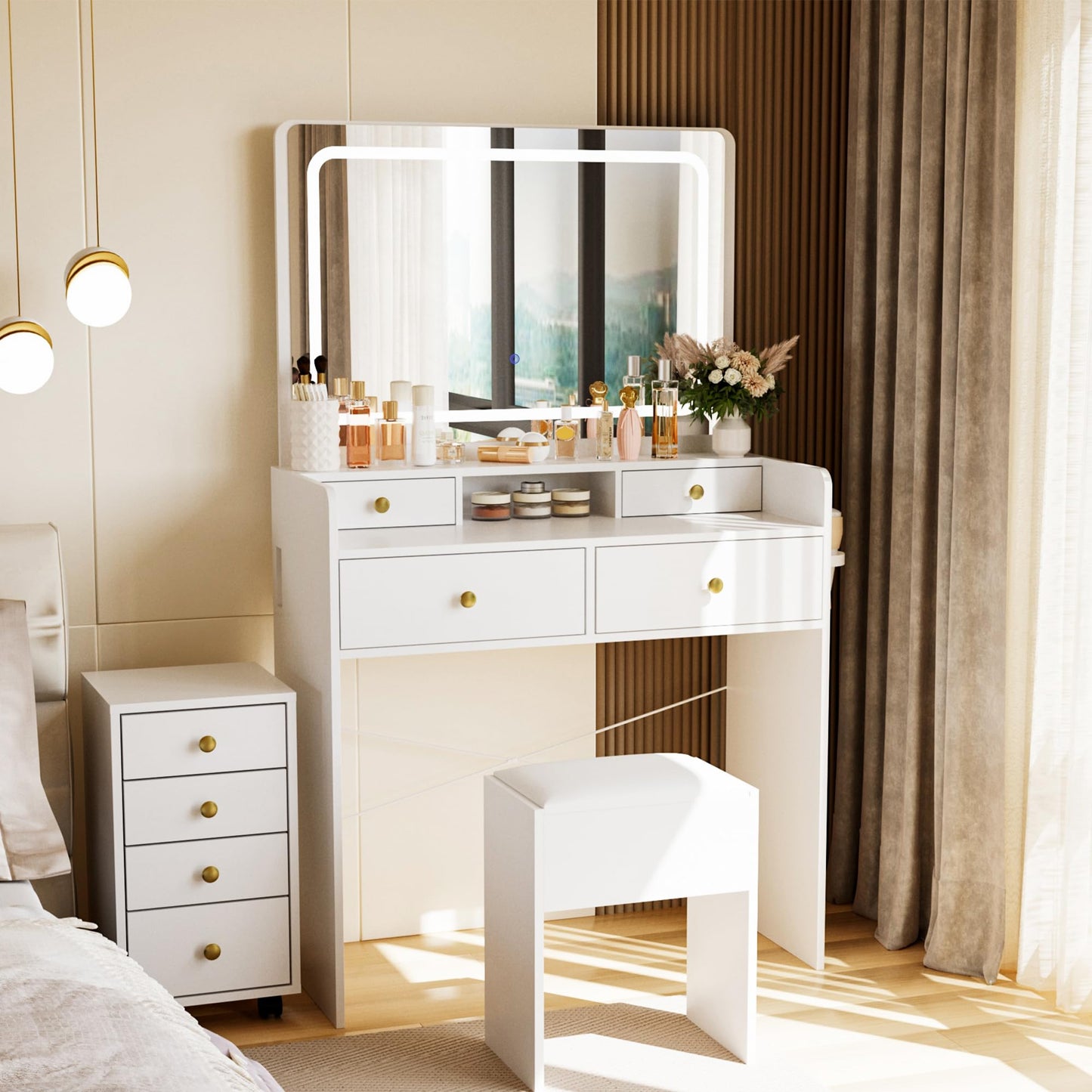 Pamapic Mobile File Cabinet Vanity Desk with Mirror and Lights, 8 Drawers Makeup Vanity Desk with Lights and Upgraded Silent Slides, 3 Lighting Modes Makeup Vanity with Charging Station, White