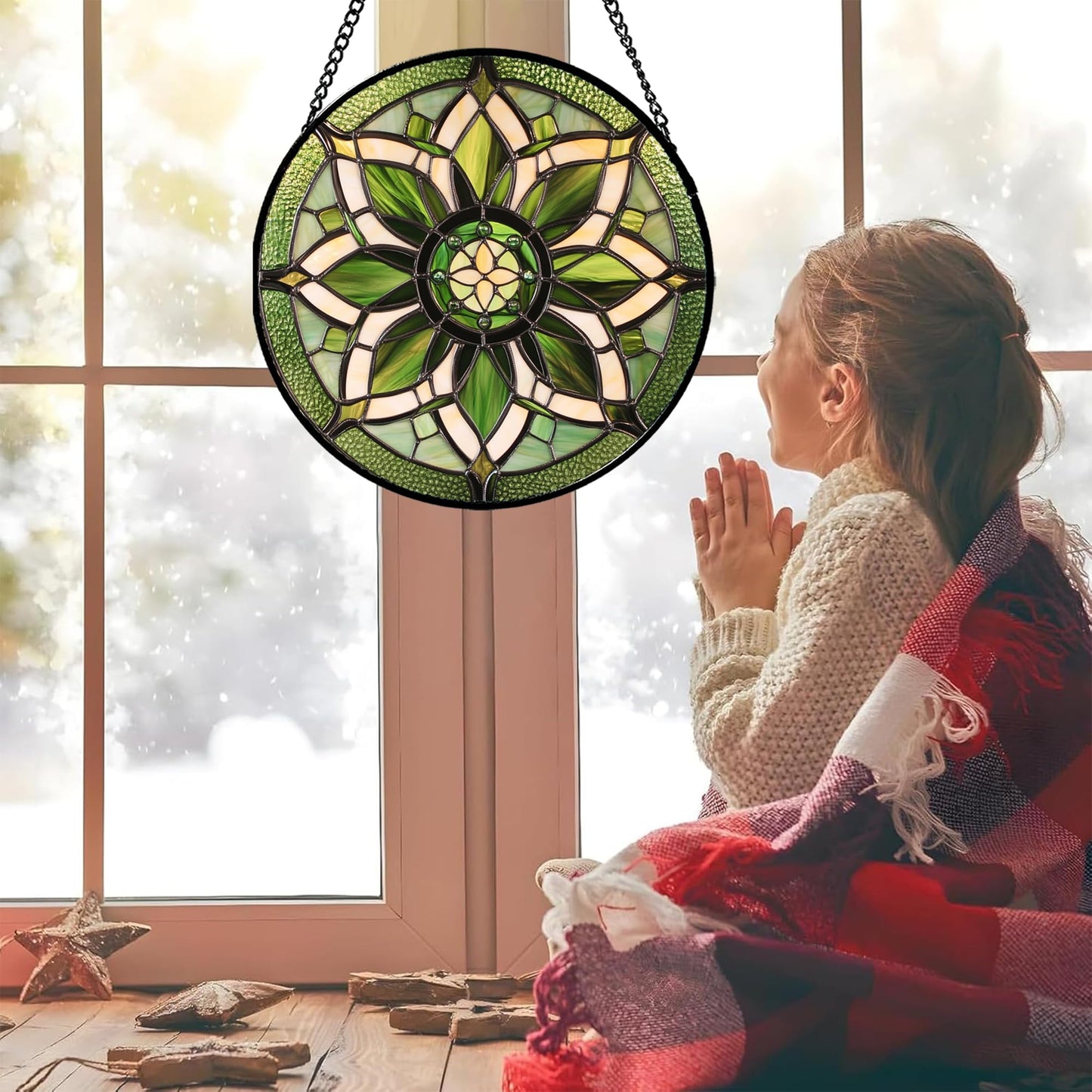 HWRHTR Stained Glass Window Hanging - White Green Boho Flower Suncatcher for Doors Window Home Sun Catchers Decor Christmas Mother's Day Birthday Gifts for Teacher Women Men Mom Nana 6.3 in