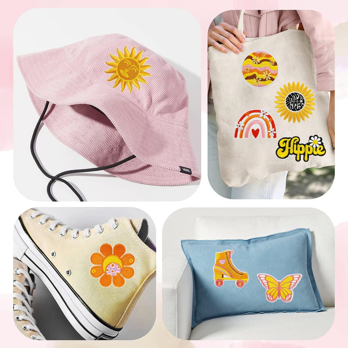 22Pcs Hippie Iron on Patches Groovy Boho Sew on Embroidered Applique Patches Embroidery Repair Decoractive Patches DIY Crafts Sewing Patches Decorations for Clothes Hats Jackets Jeans Backpacks
