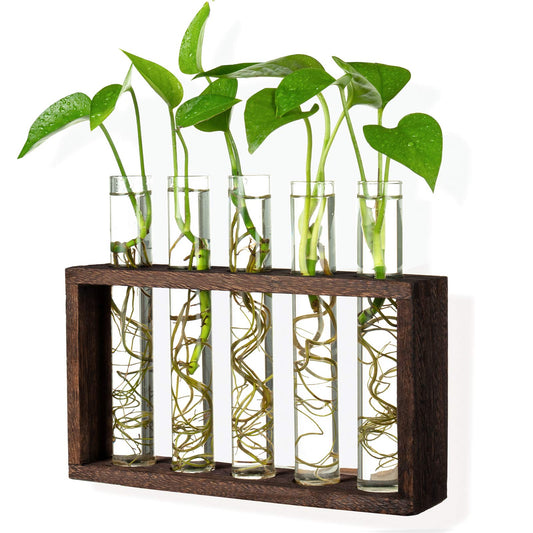PACDONA 5 Tube Wooden Plant Propagation Station, Tabletop Glass Terrarium Holder for Cuttings Hydroponics, Home Office Desk Decor Gift for Women Mom Plant Lovers, Brown