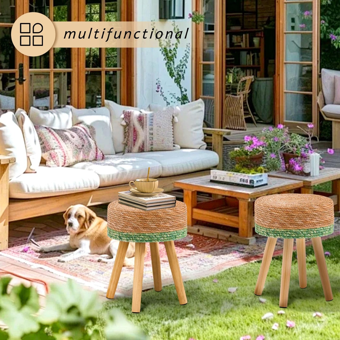 LGENHOOM Handwoven Outdoor Ottoman, Water Hyacinth Pouf Round Patio Footstool with Wood Legs, 17-Inch Multipurpose Vanity Stool, Dining Chair, Patio Footrest for Balcony and Garden, Green
