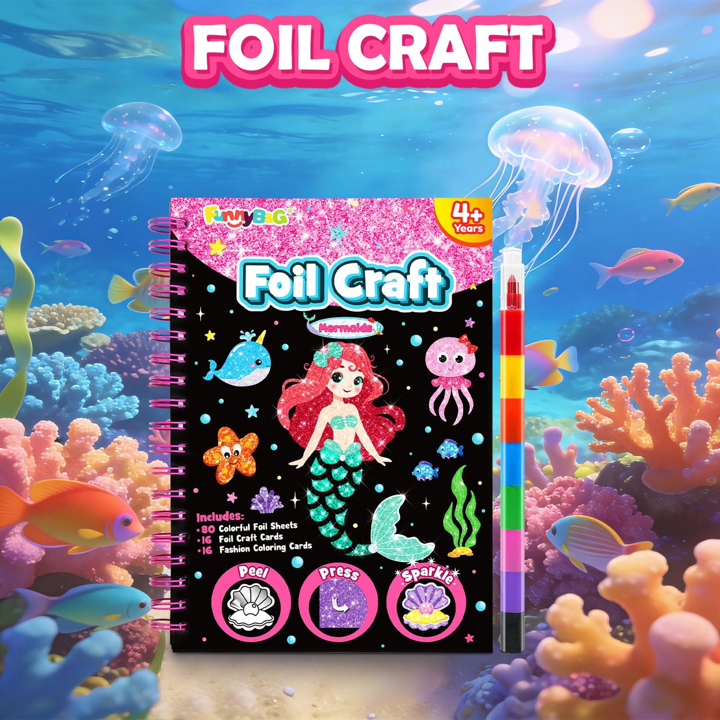 FUNNYB&G Foil Art Crafts for Kids Ages 4-8: Valentines Crafts for Kids 2026,Birthday Gift for Girls,Art and Crafts Supplies,Party Favors,Creative Toys for Girls Boys 4 5 6 7 8 9 Years Old(Mermaids)