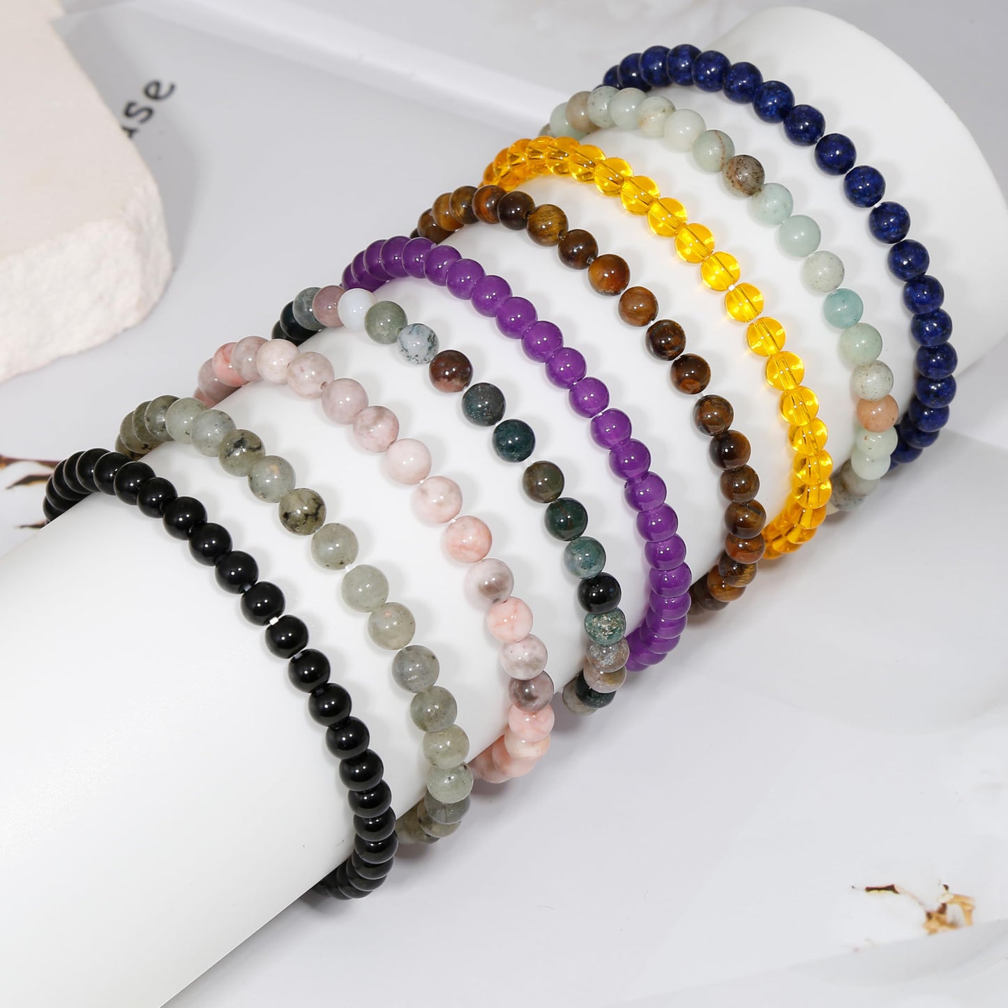 BOMAIL 9Pcs Healing Crystal Bracelets for Women Men 4mm 6mm 8mm Natural Stone Beaded Stretch Bracelet Set Handmade Gemstone Reiki Spiritual Jewelry Gifts