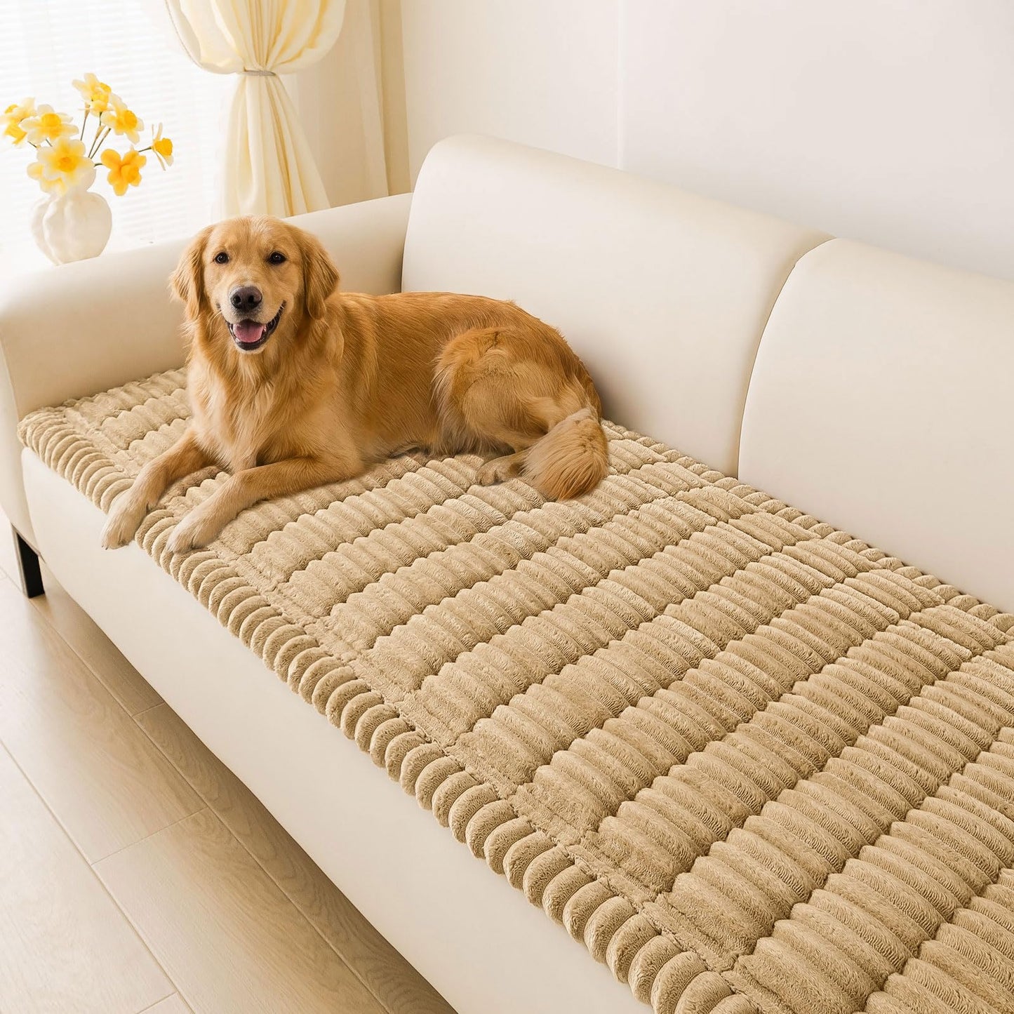 hyha Couch Covers for Dogs Washable, Non Slip Plush Dog Sofa Protectors, Fuzzy Pet Couch Covers for 3 Cushion Sofa Pet Friendly (Camel, 27.6" x 59")