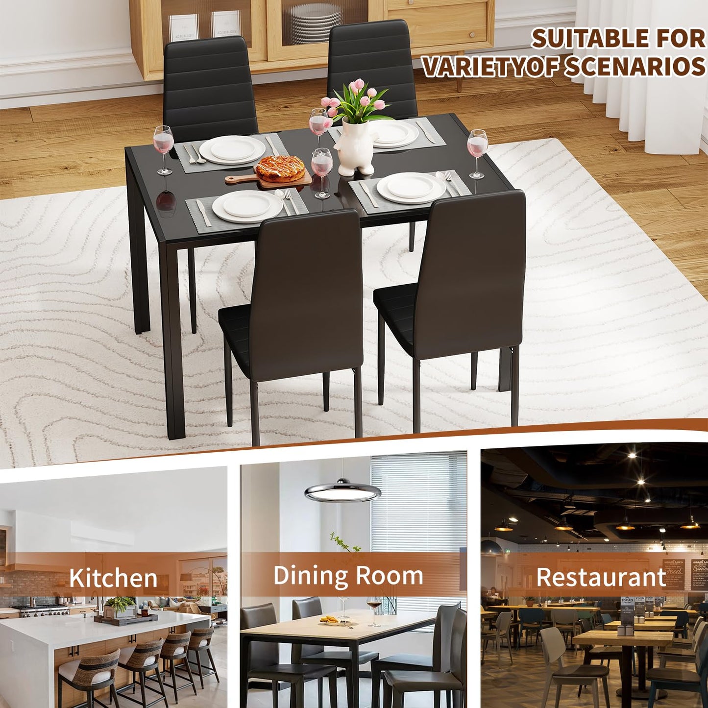 FDW | Dining Table Set for 4 | 5-Piece Glass Black Dining Table | Kitchen Table with 4 Upholstered Chairs and Faux Leather Cushions | Space-Saving and Modern Design | for Dining Room, Easy to Assemble