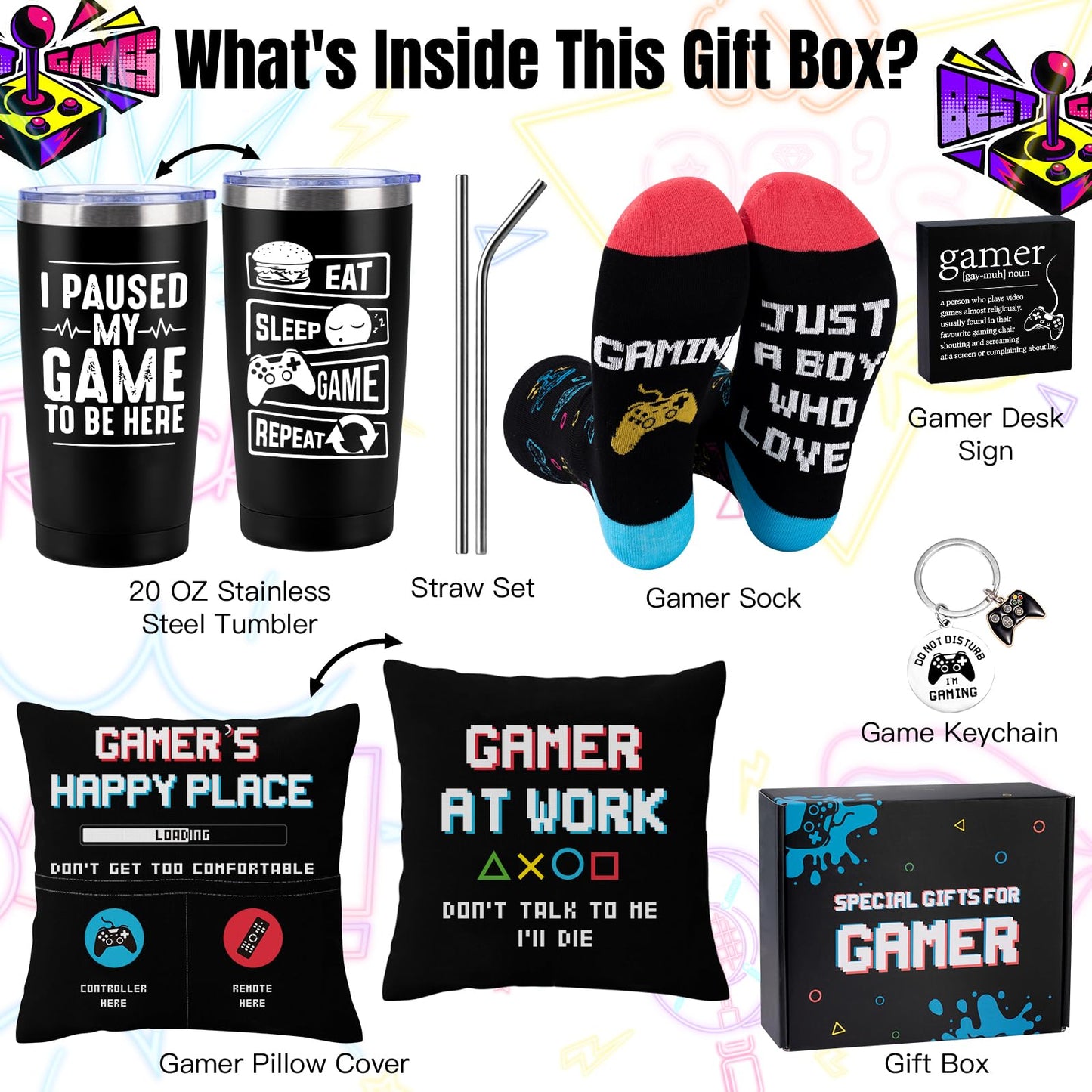 Gamer Gifts Sets for Boys, Birthday Christmas Cool Gaming Gift, Gaming Throw Blanket Tumblers Funny Pillow Covers Socks Keychain and Gifts Box for Easter Basket Graduation Men Girl Teen Gamer Lover