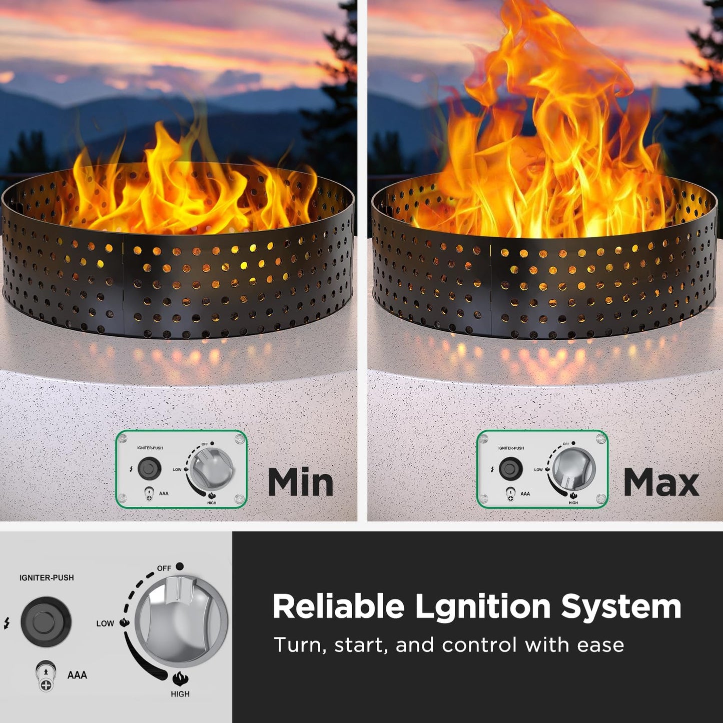 Silonn 29″ Propane Fire Pit Table with Windproof Guard, 50000 BTU Fire Pit Table, CSA-Certified, Outdoor fire Table with Durable Terrazzo Coating/Lava Rocks/4 Stable Adjustable Legs, Garden, White