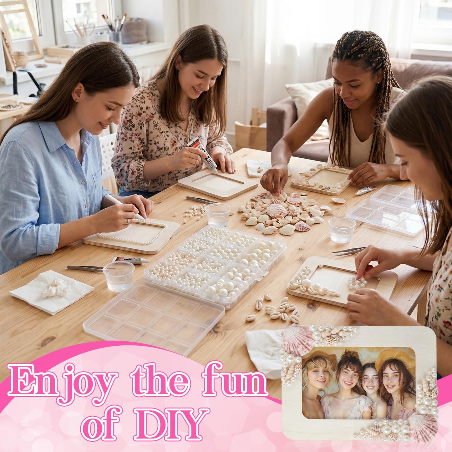 Yousoontic 10 Sets DIY Picture Frame Craft Kit for 4" x 6" Photos Unfinished Wooden Craft Photo Frames with Shells Pearls and DIY Tools Set Art Gift for Friends Family Summer Party Decoration