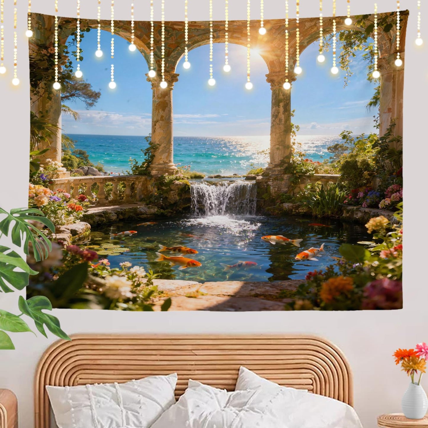 Shrahala Green Beautiful Landscape Wall Tapestry, Palace Beauty Retro Pavilion Waterfall Nature Scenery Wall Hanging Large Tapestry Decoration Fiber White Hem Around For Dorm Room Bedroom 30 X 40 In