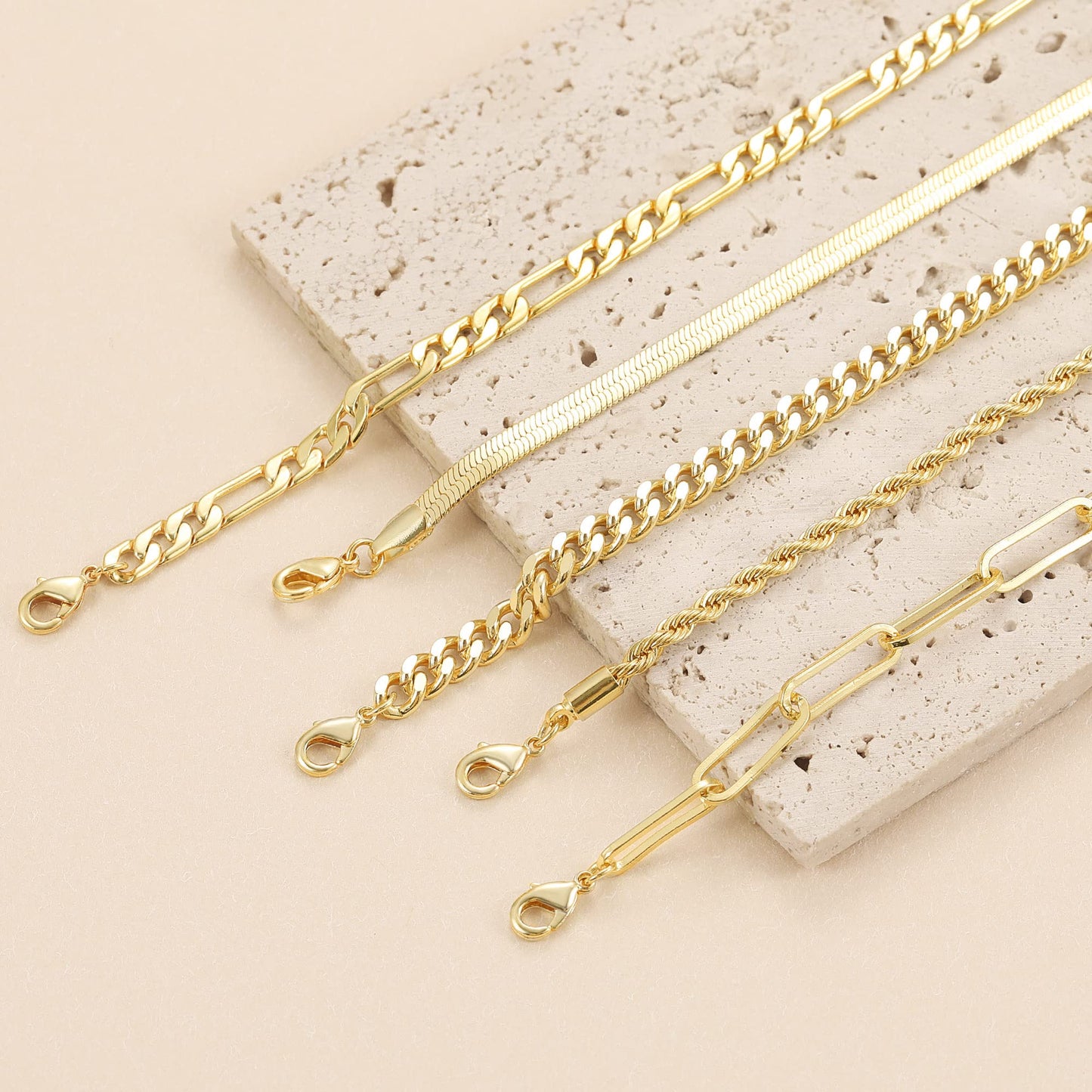 DEARMAY 14K Gold Plated Bracelets for Women Trendy Gold Jewelry Set for Women Cuban Link Chain Figaro Paperclip Rope Herringbone Bracelet Pack Gifts
