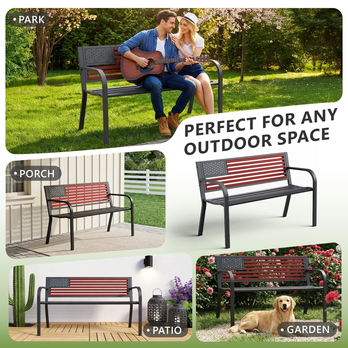MAKE CHANGES Outdoor Bench, Sturdy Metal Garden Bench with Classic Stars and Stripes Design Metal Backrest, 2-Person Patio Bench for Outside Seating, Cast Iron Steel Porch Yard Lawn Furniture, Red